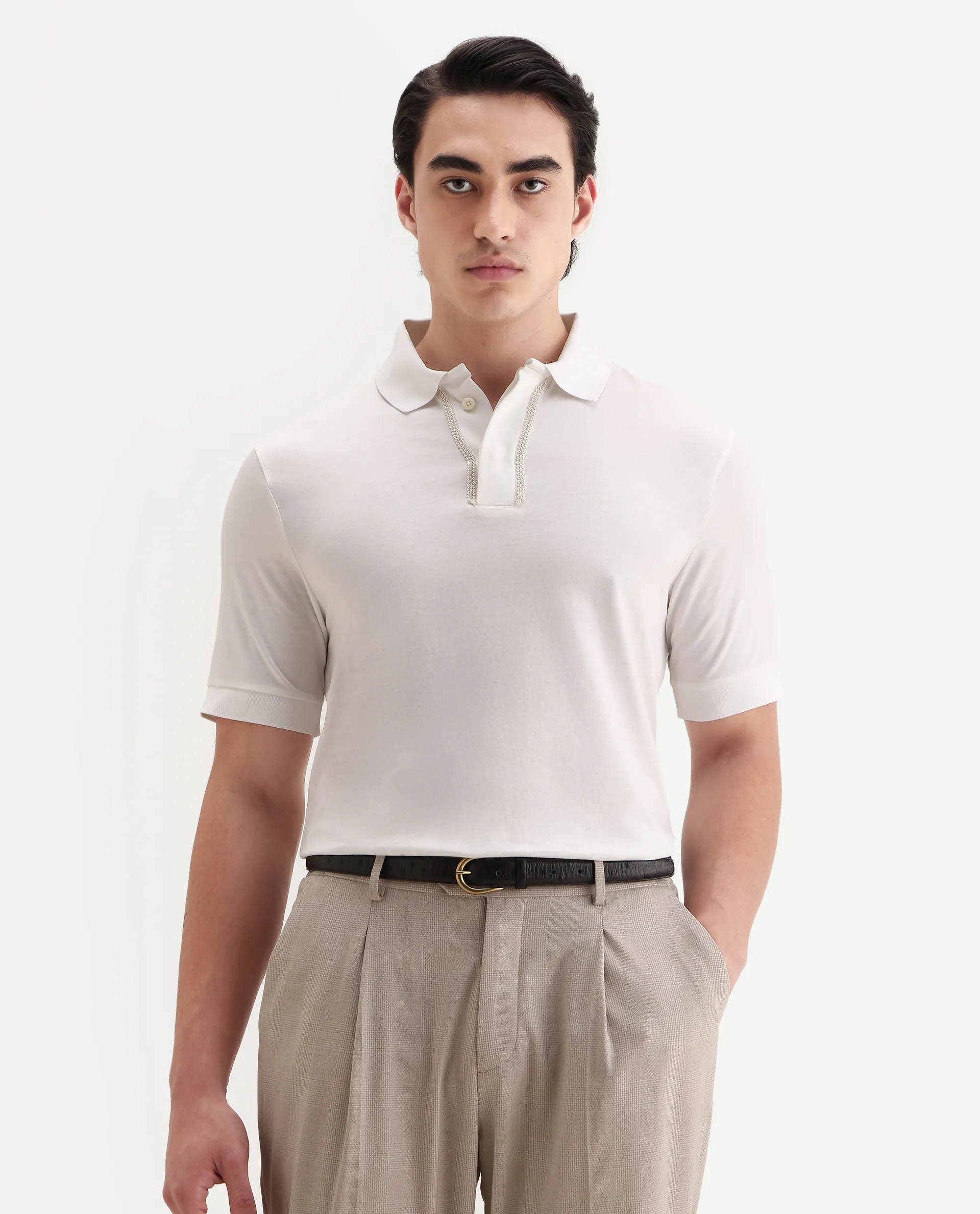 Rare Rabbit Men's Drid Off White Cotton Fabric Half Sleeve Spread Collar Plain Polo
