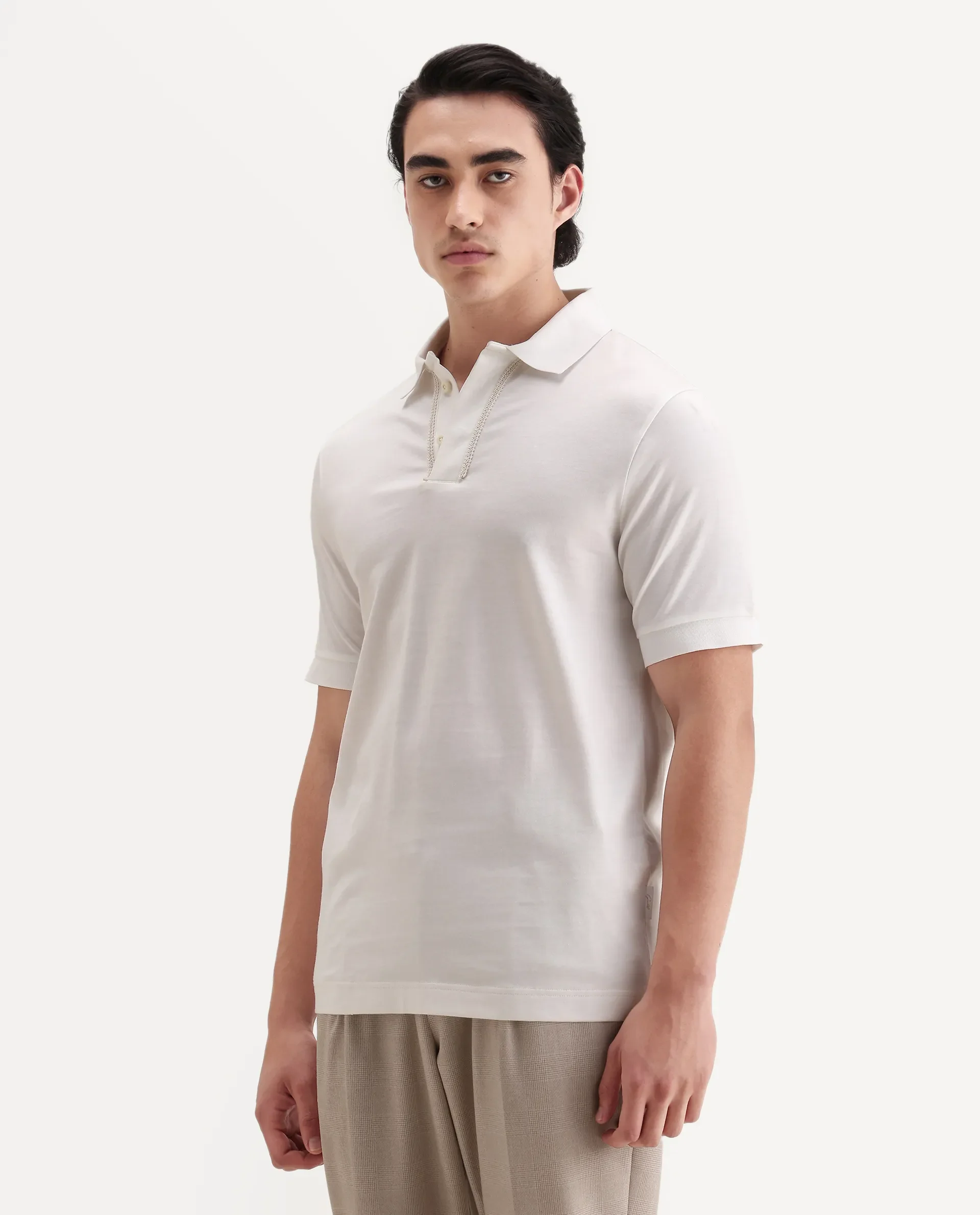 Rare Rabbit Men's Drid Off White Cotton Fabric Half Sleeve Spread Collar Plain Polo - Image 4