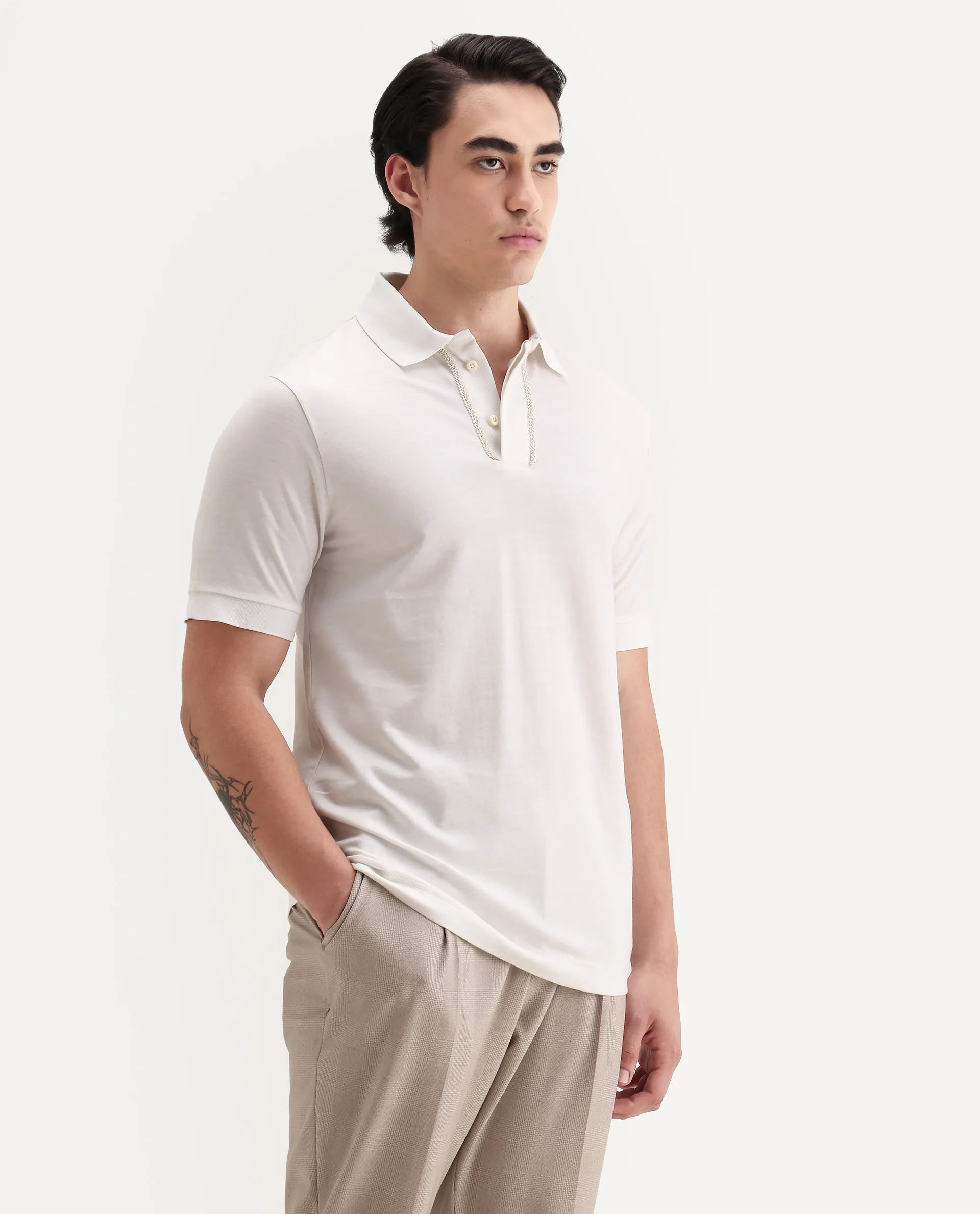 Rare Rabbit Men's Drid Off White Cotton Fabric Half Sleeve Spread Collar Plain Polo - Image 5