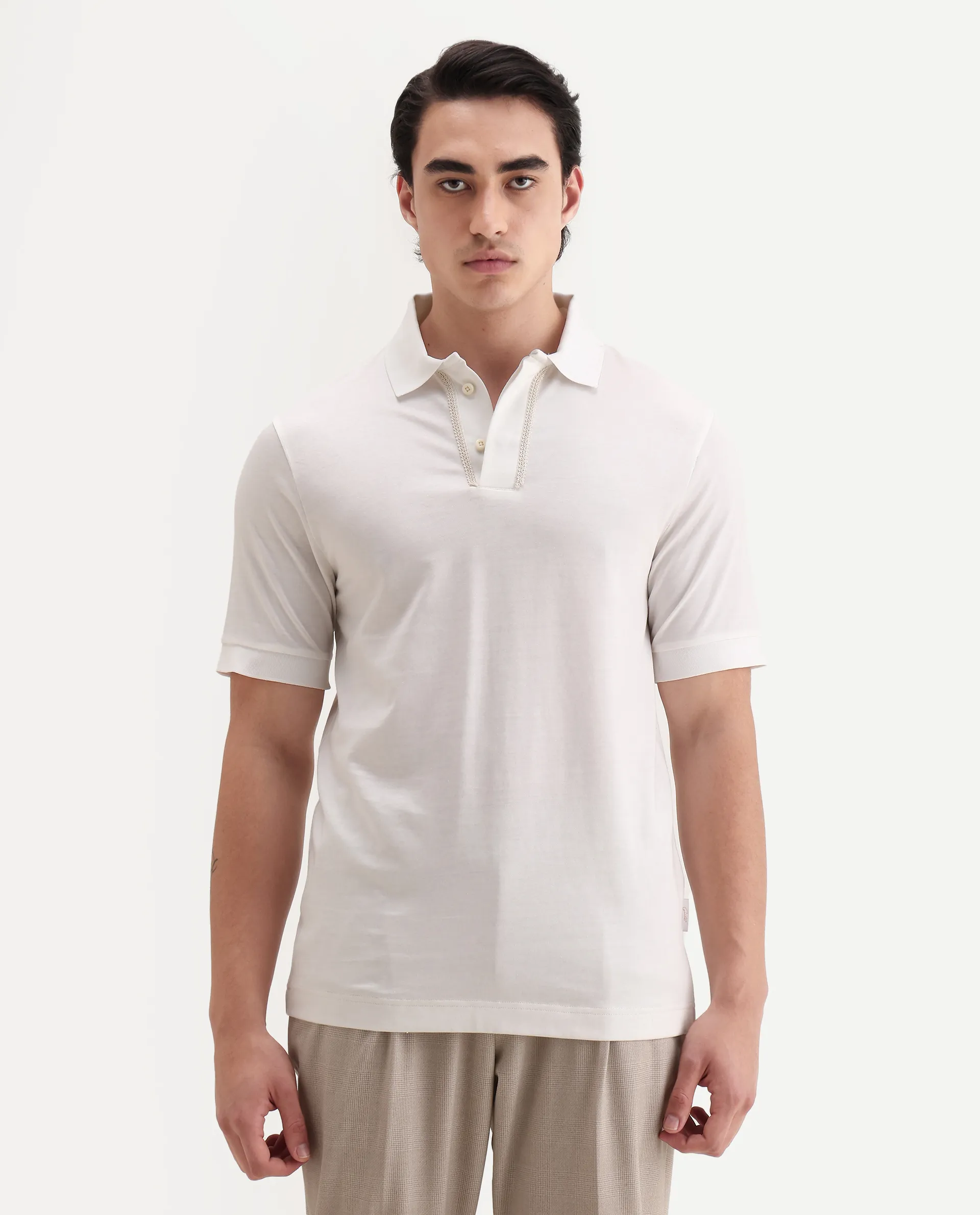 Rare Rabbit Men's Drid Off White Cotton Fabric Half Sleeve Spread Collar Plain Polo - Image 6
