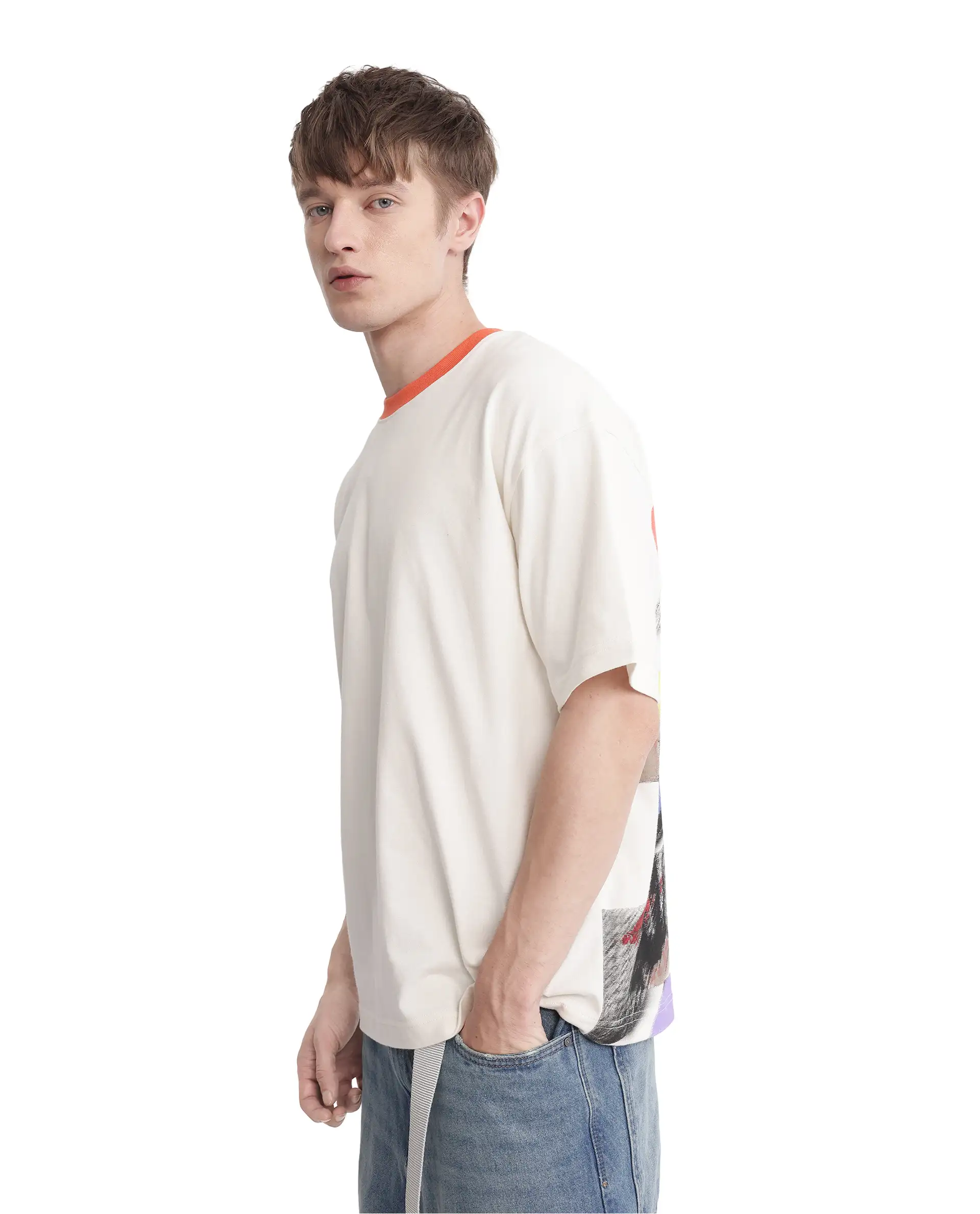 Rare Rabbit Men's Drift Off White Cotton Graphic Print Oversized Fit Half Sleeve Crew Neck T-Shirt - Image 5