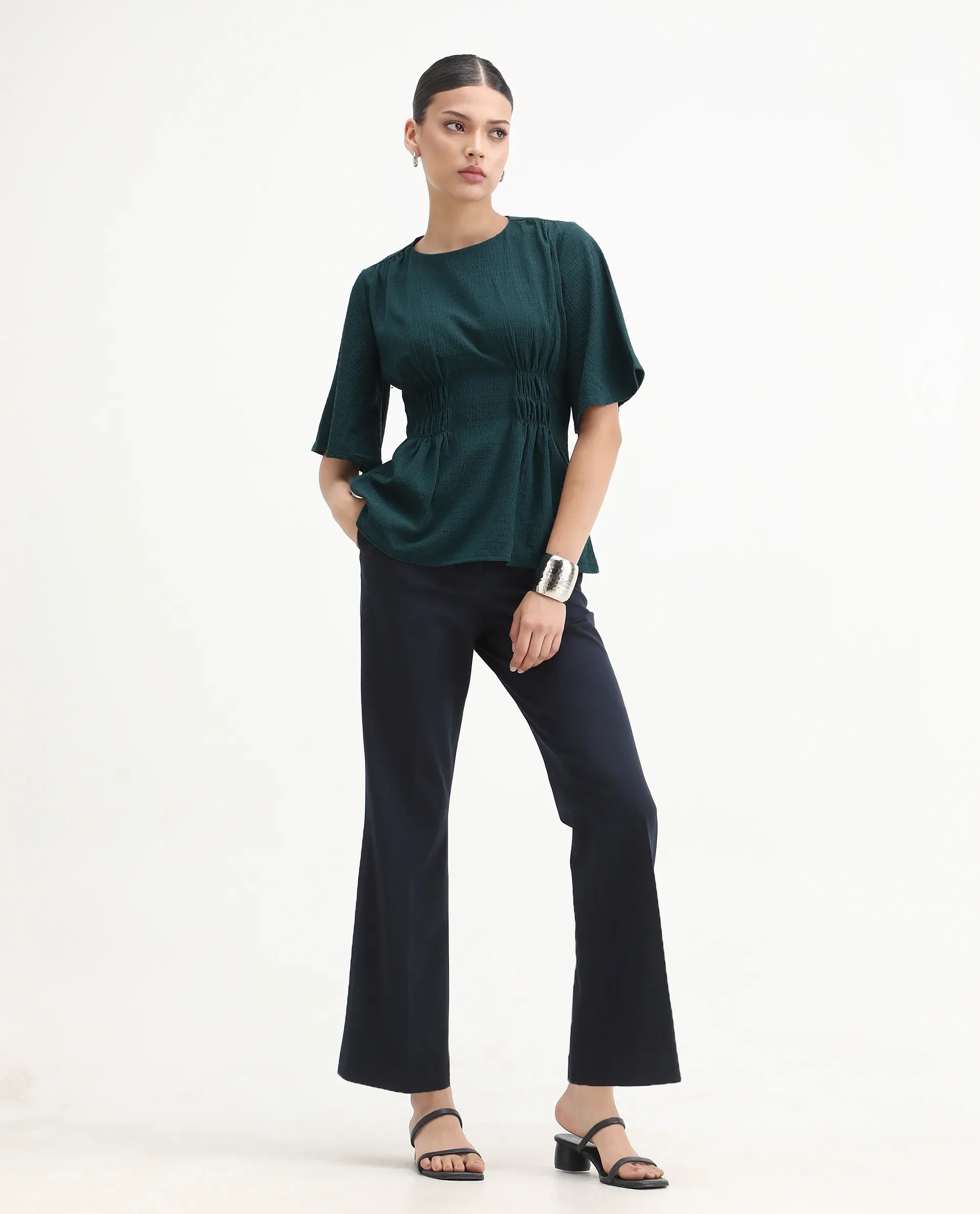 Rareism Women's Drin Petrol Polyester Crew Neck Plain Bell Sleeve Regular Fit Top - Image 2