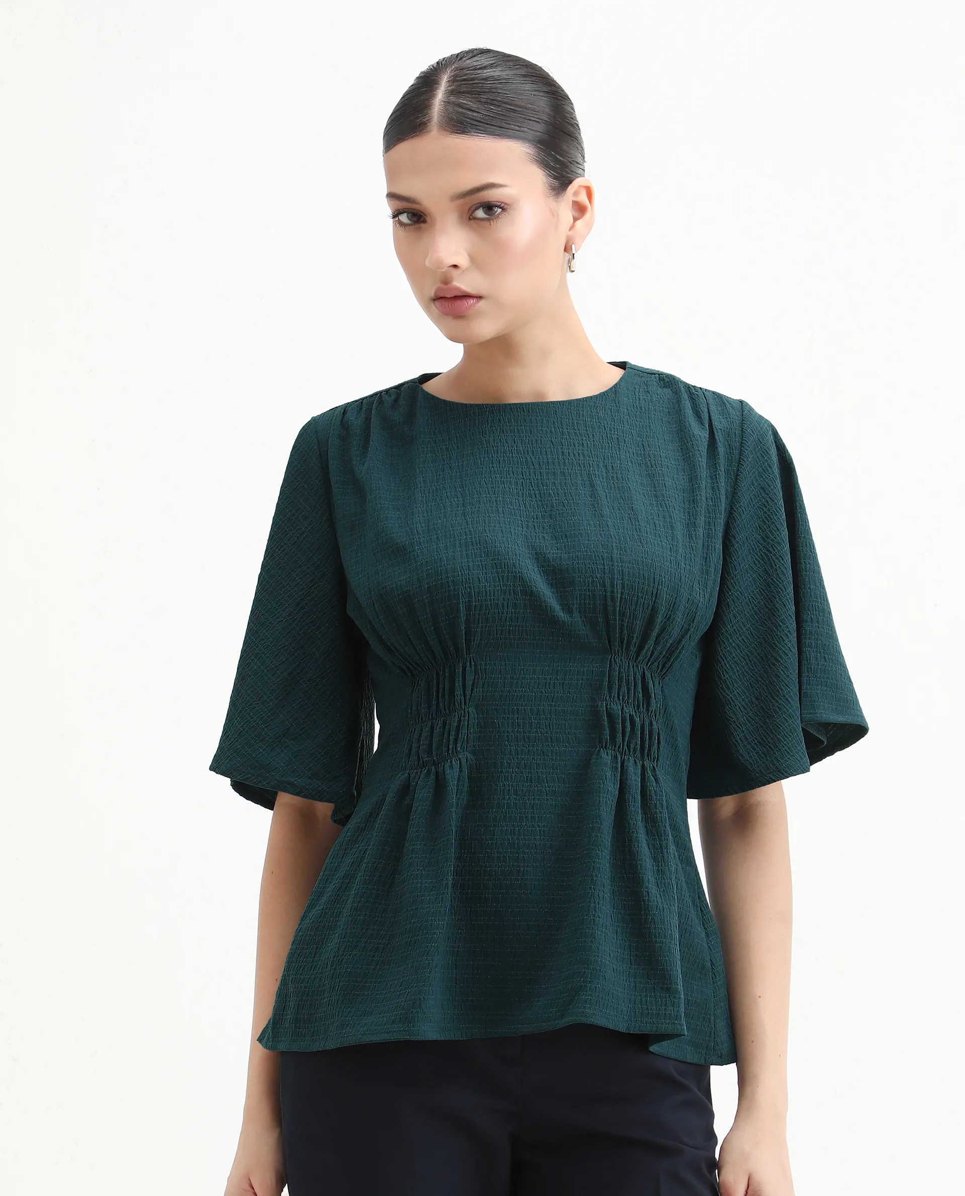 Rareism Women's Drin Petrol Polyester Crew Neck Plain Bell Sleeve Regular Fit Top - Image 3