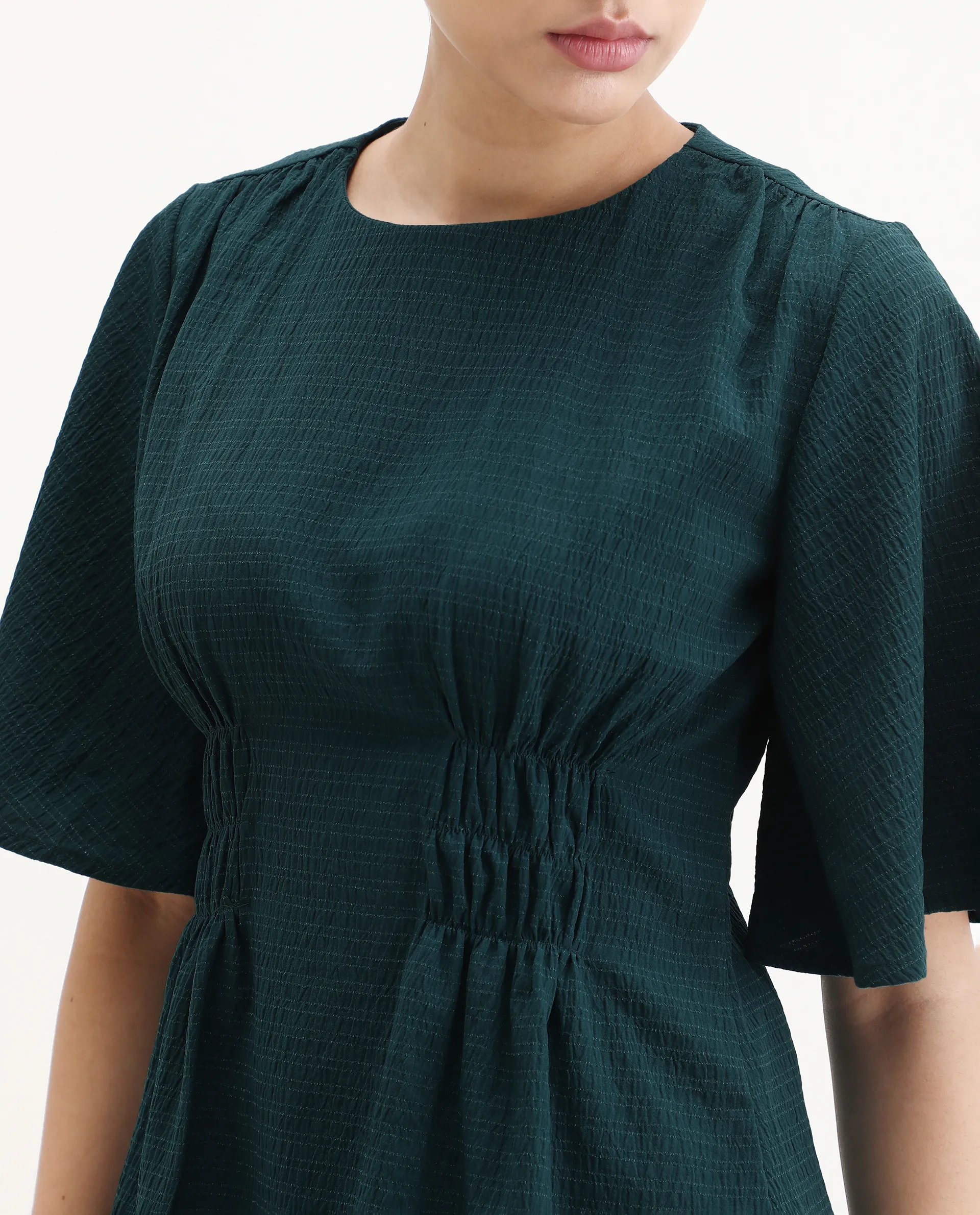 Rareism Women's Drin Petrol Polyester Crew Neck Plain Bell Sleeve Regular Fit Top - Image 4