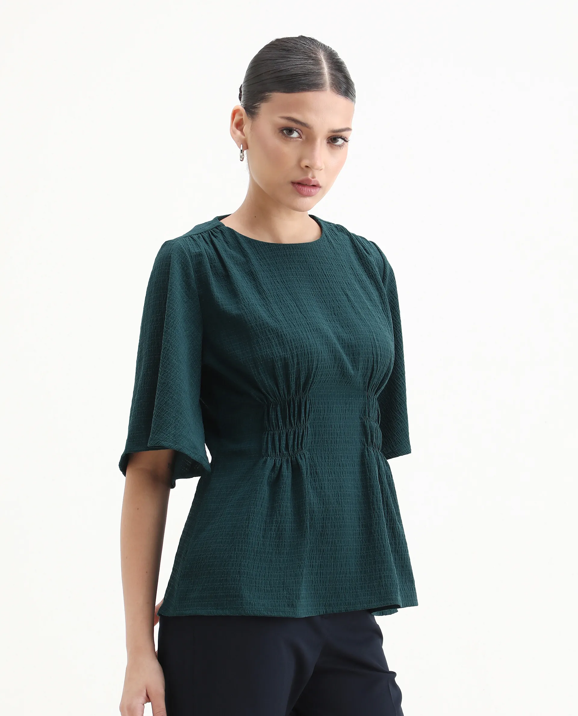 Rareism Women's Drin Petrol Polyester Crew Neck Plain Bell Sleeve Regular Fit Top - Image 5