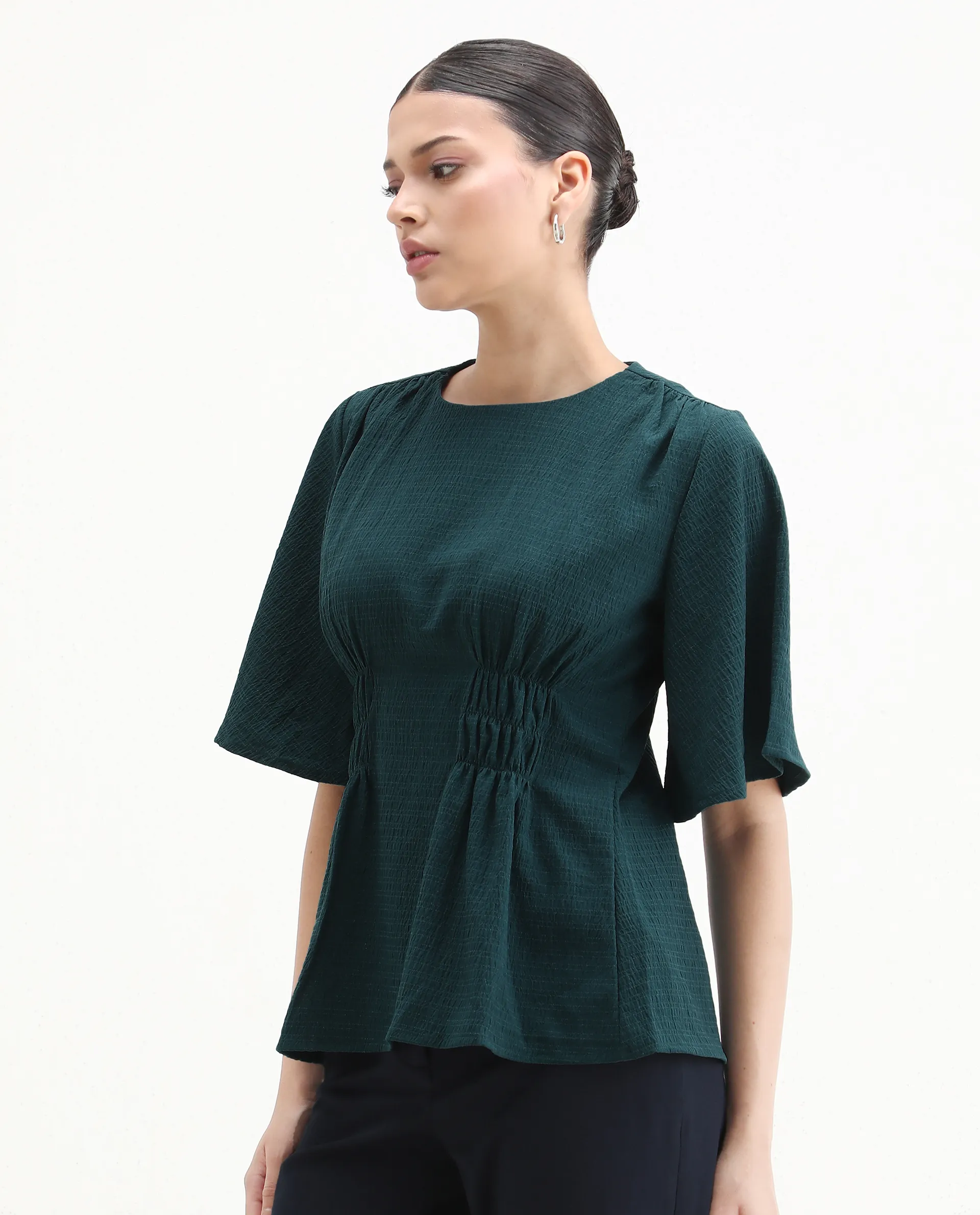Rareism Women's Drin Petrol Polyester Crew Neck Plain Bell Sleeve Regular Fit Top - Image 6