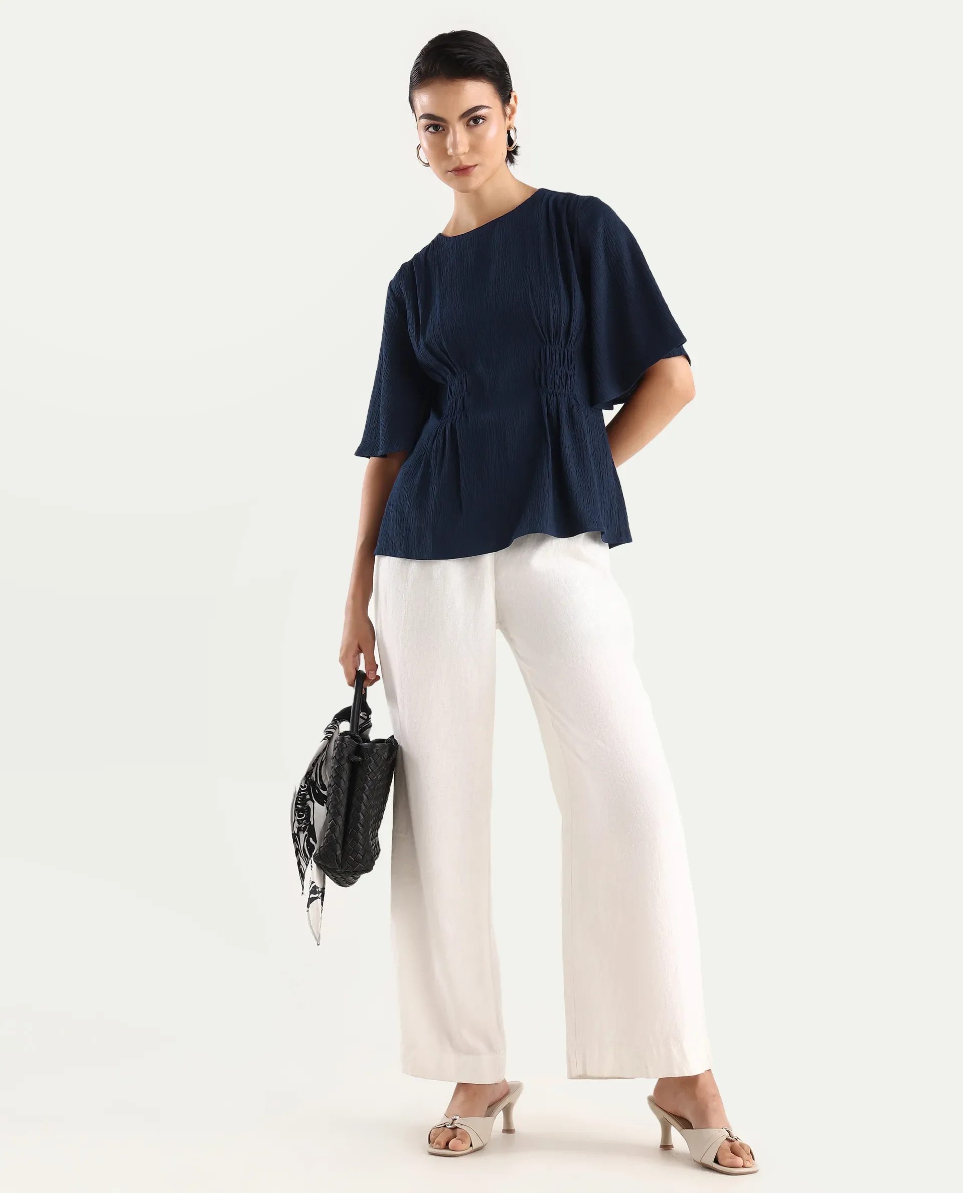 Rareism Women's Dring Navy Polyester Crew Neck Plain Bell Sleeve Regular Fit Top - Image 2