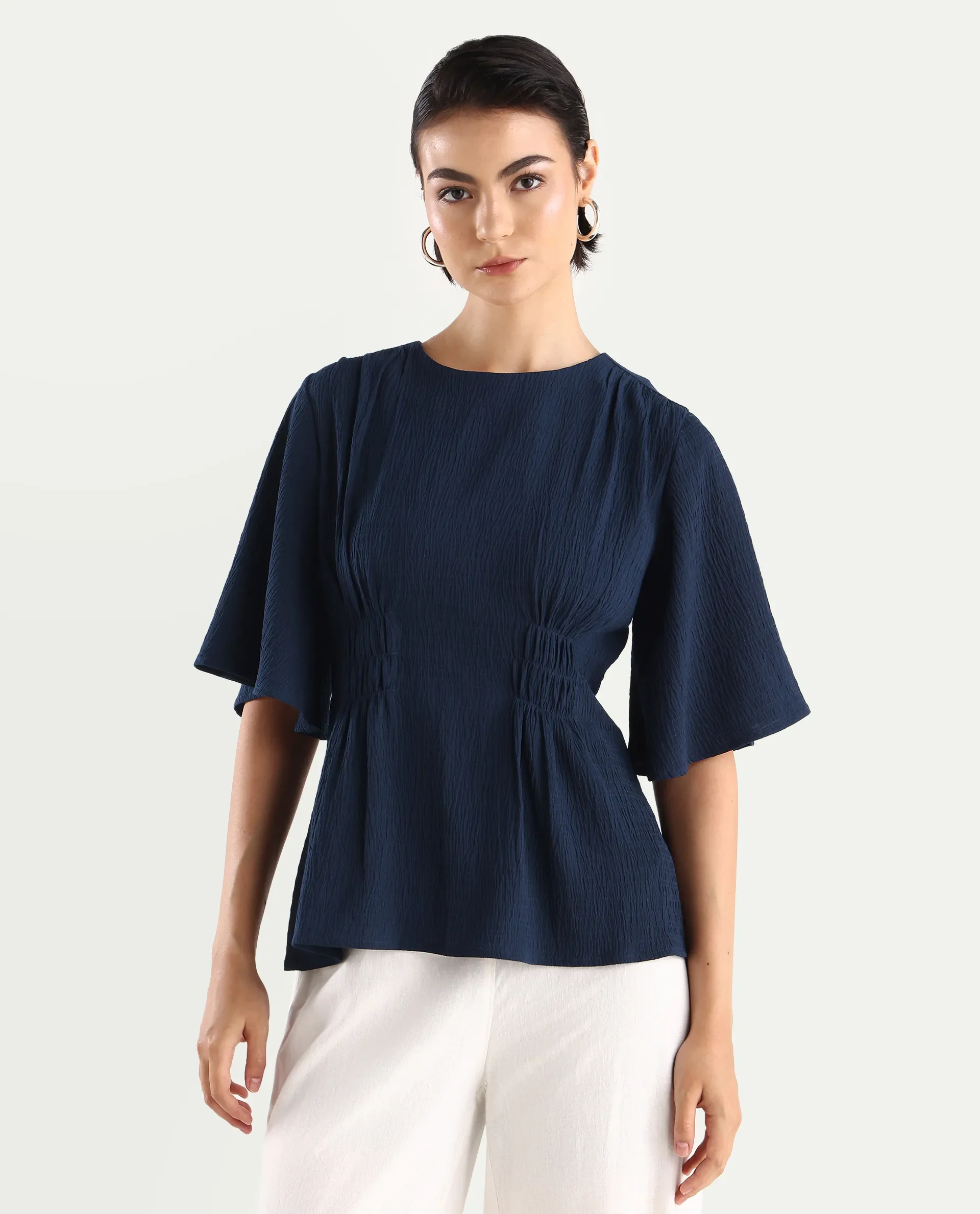 Rareism Women's Dring Navy Polyester Crew Neck Plain Bell Sleeve Regular Fit Top - Image 3