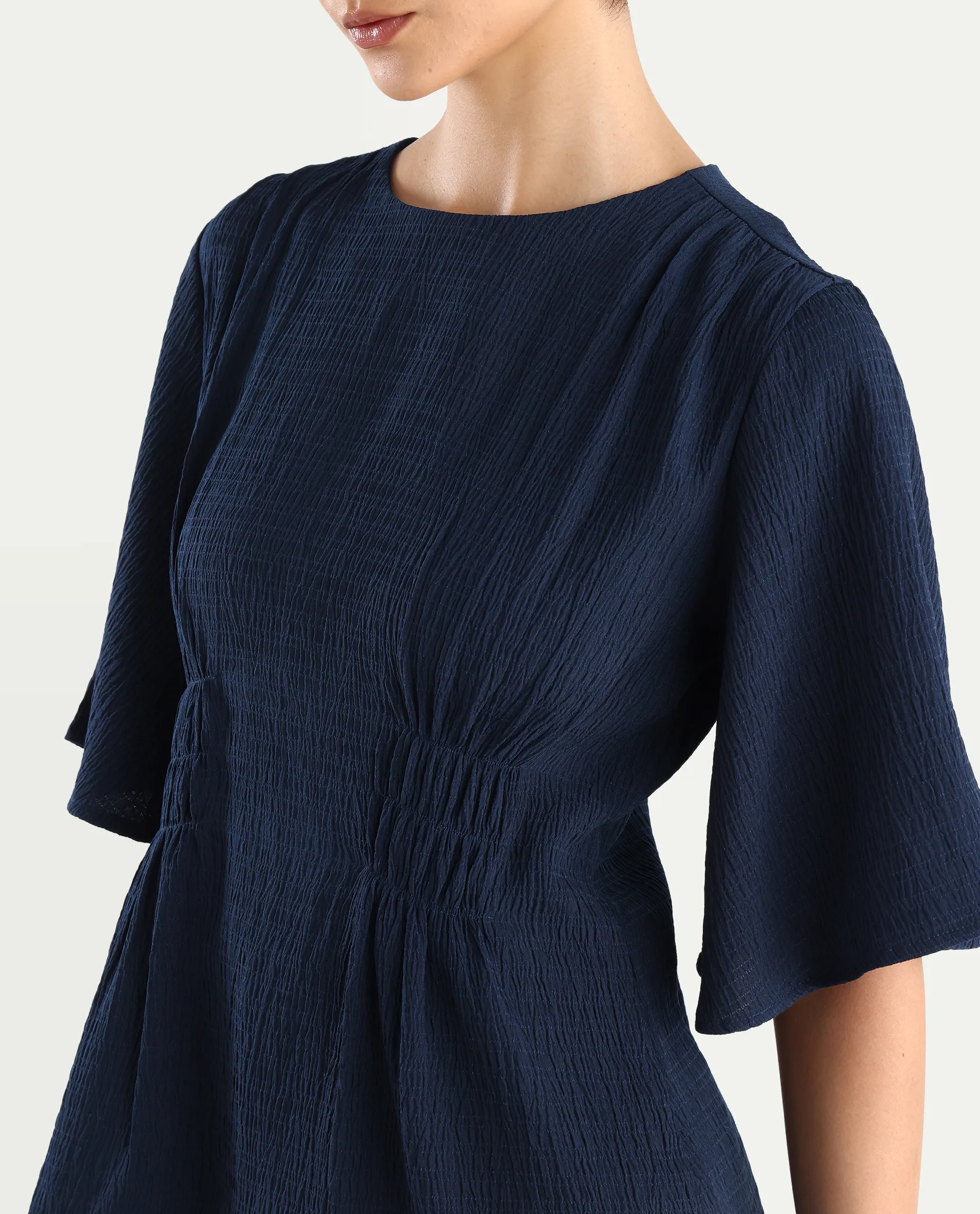 Rareism Women's Dring Navy Polyester Crew Neck Plain Bell Sleeve Regular Fit Top - Image 4