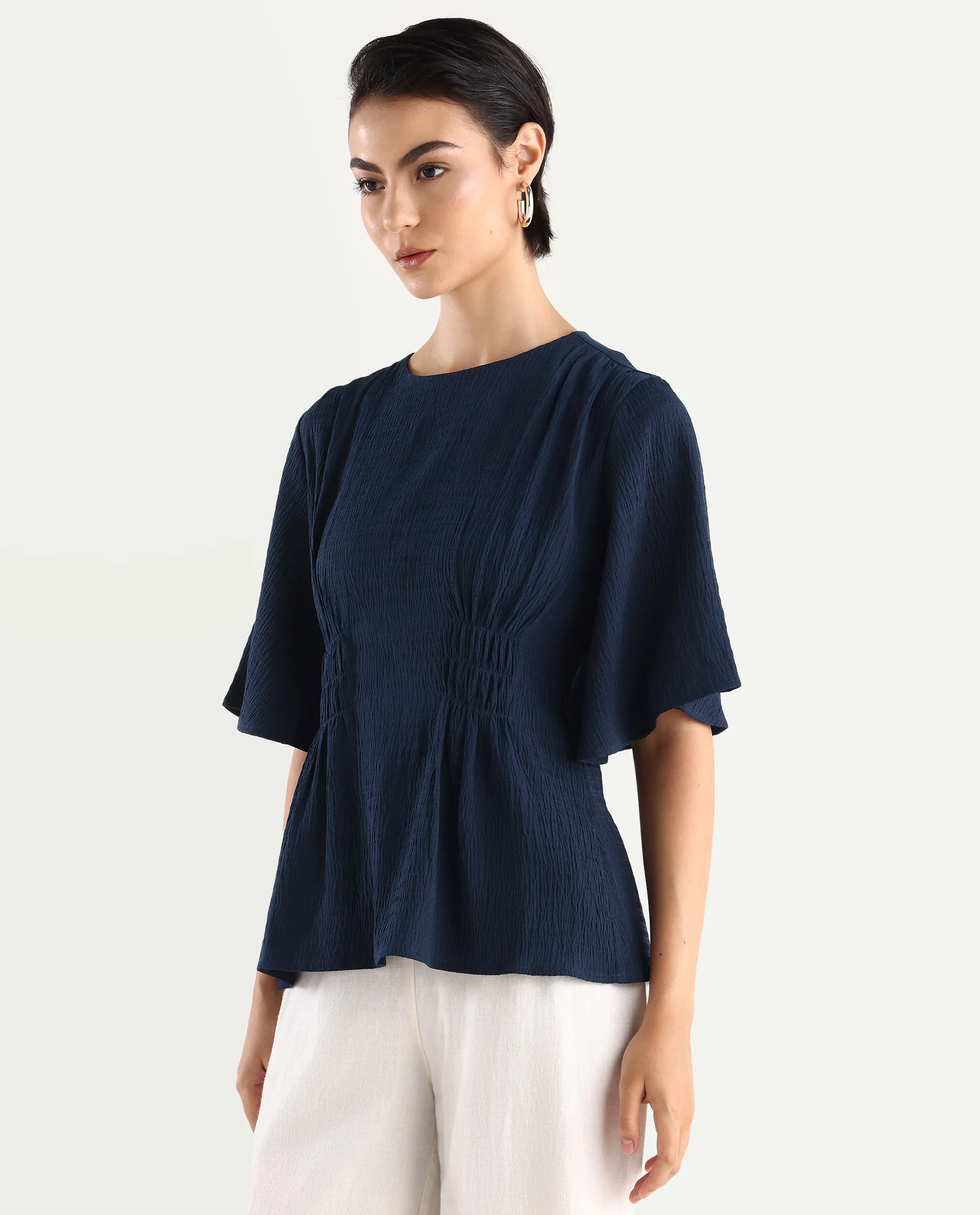 Rareism Women's Dring Navy Polyester Crew Neck Plain Bell Sleeve Regular Fit Top - Image 5