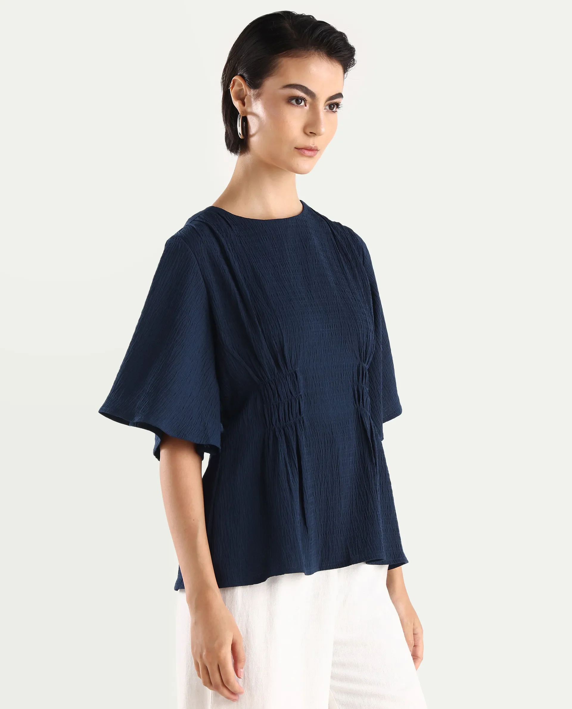 Rareism Women's Dring Navy Polyester Crew Neck Plain Bell Sleeve Regular Fit Top - Image 6