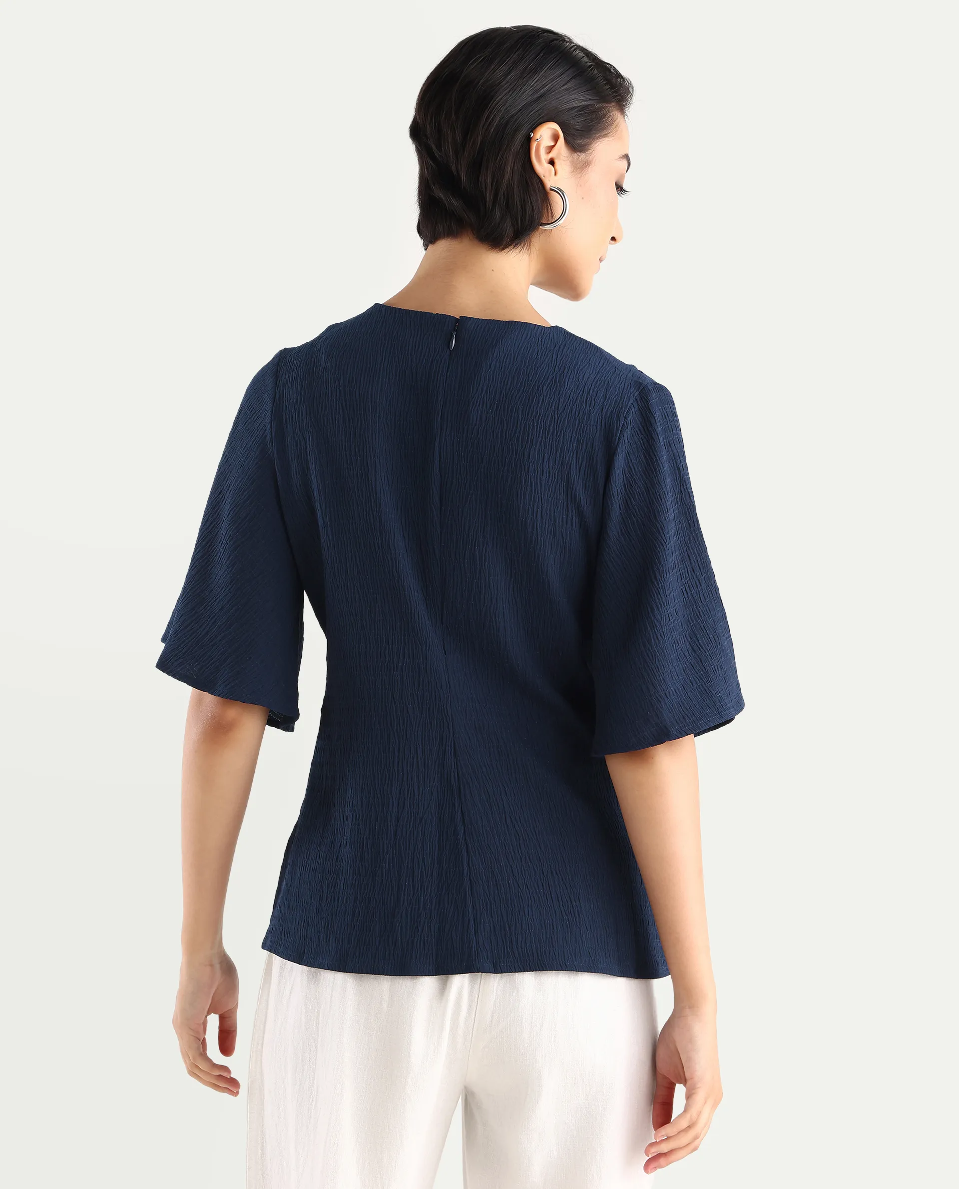 Rareism Women's Dring Navy Polyester Crew Neck Plain Bell Sleeve Regular Fit Top - Image 7