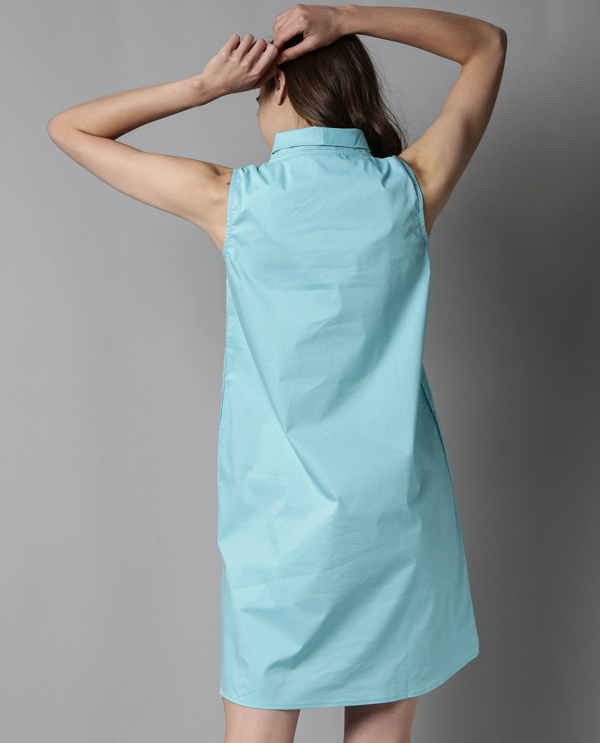 Rareism Womens Dripper Aqua Dress Sleeveless Cotton Fabric Shawl Collar Knee Length - Image 6