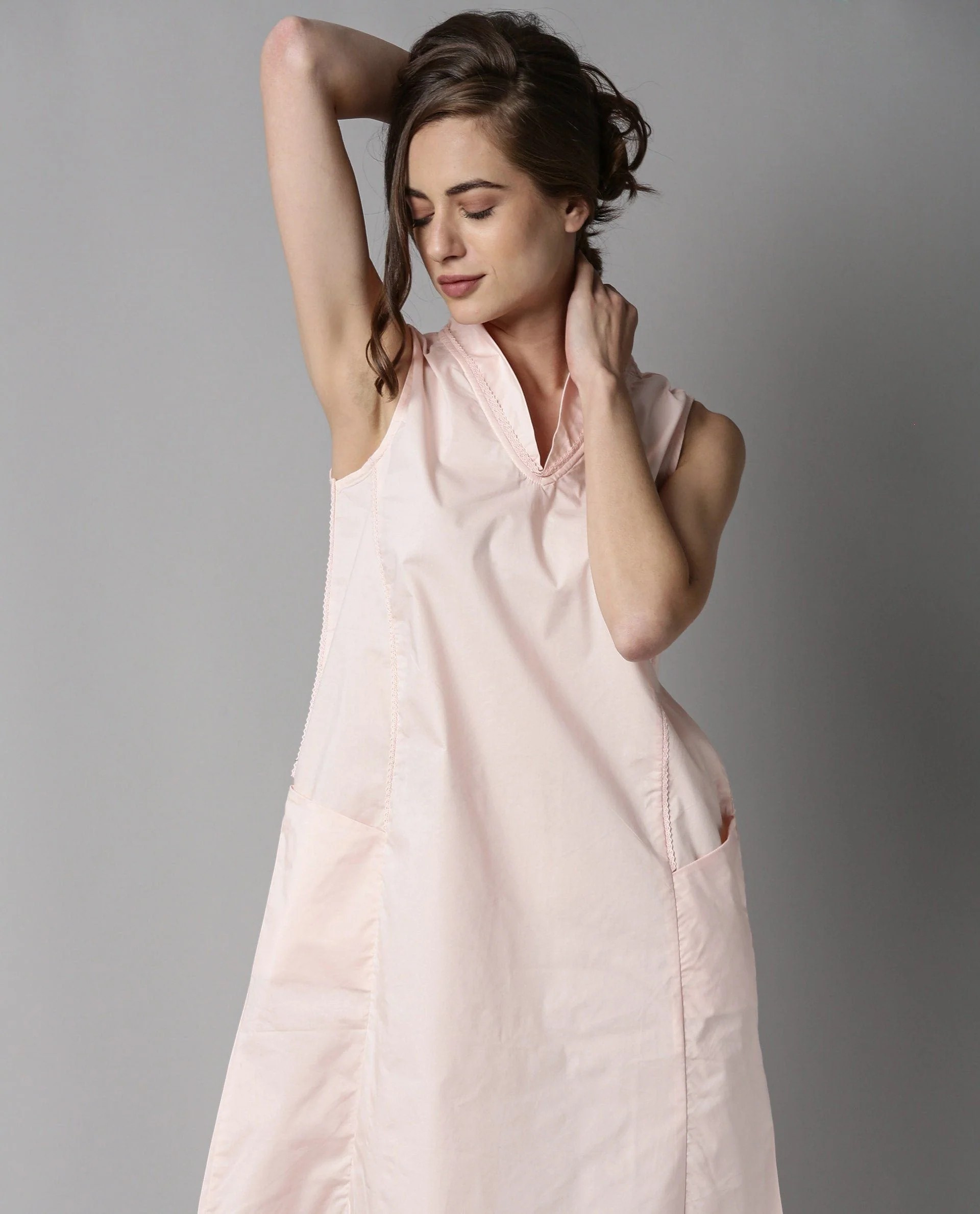 Rareism Womens Dripper Pink Dress Sleeveless Cotton Fabric Shawl Collar Knee Length - Image 6