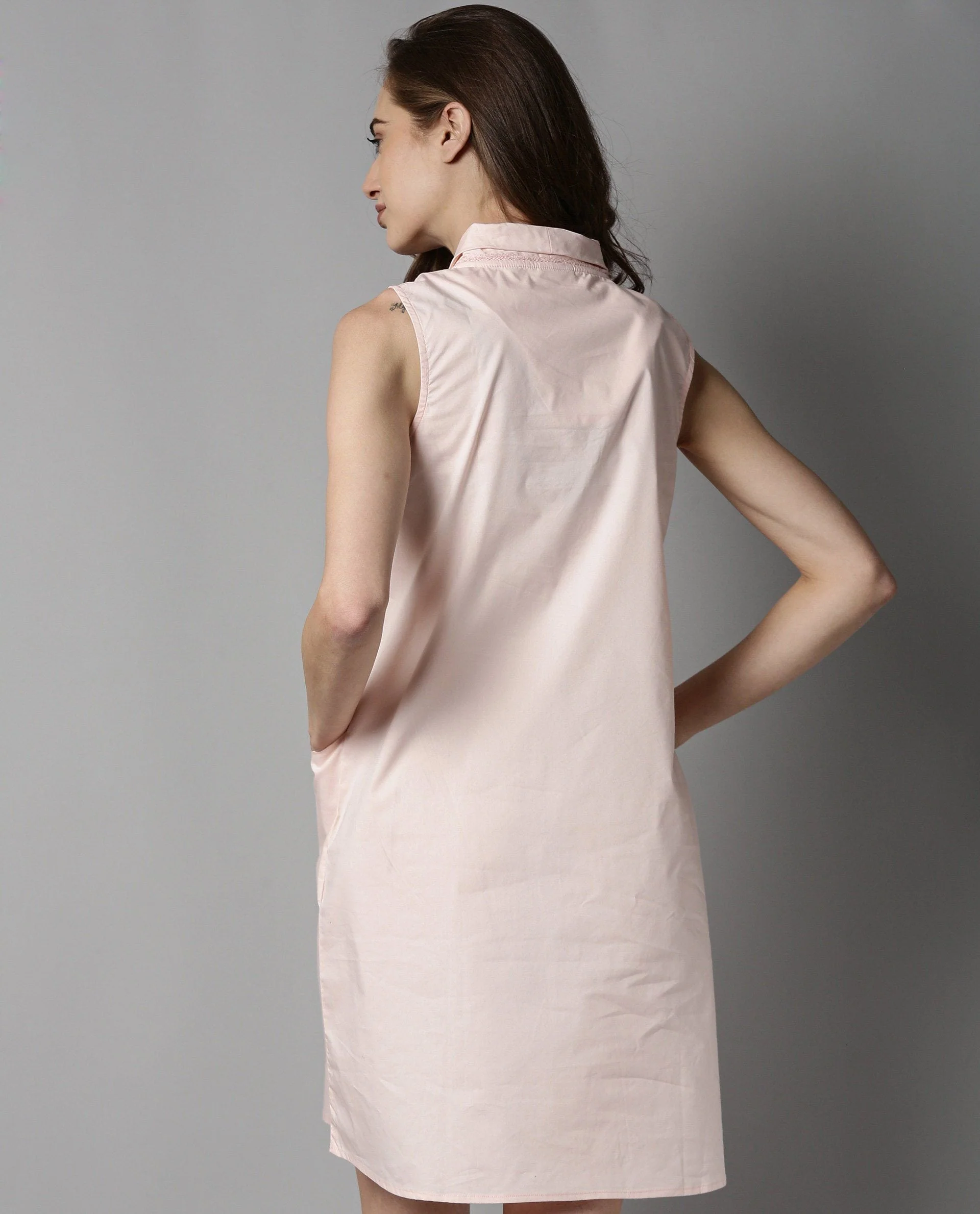 Rareism Womens Dripper Pink Dress Sleeveless Cotton Fabric Shawl Collar Knee Length - Image 7