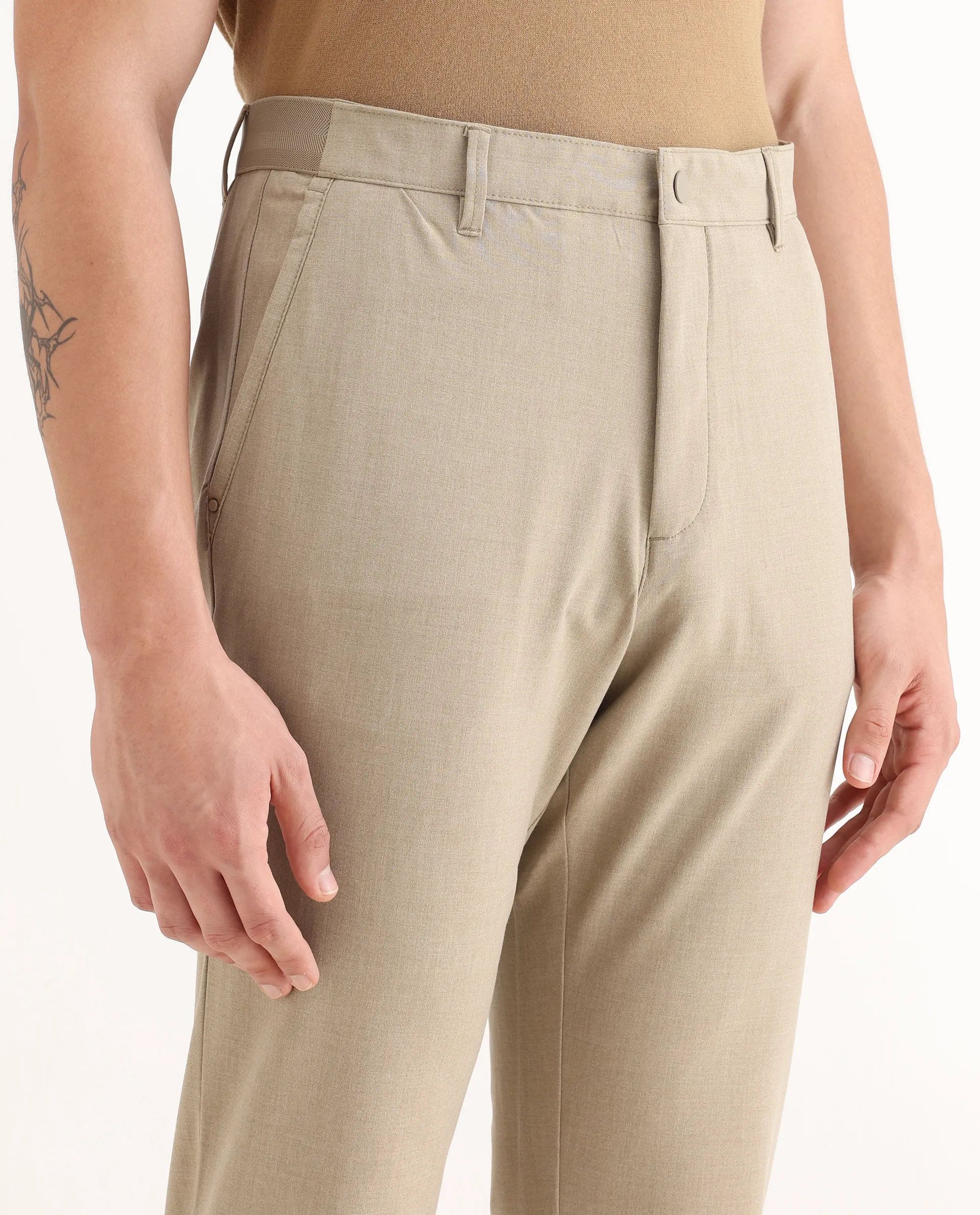 Rare Rabbit Men's Driver-2 Khaki Polyester Blend Plain Regular Fit Trouser - Image 3