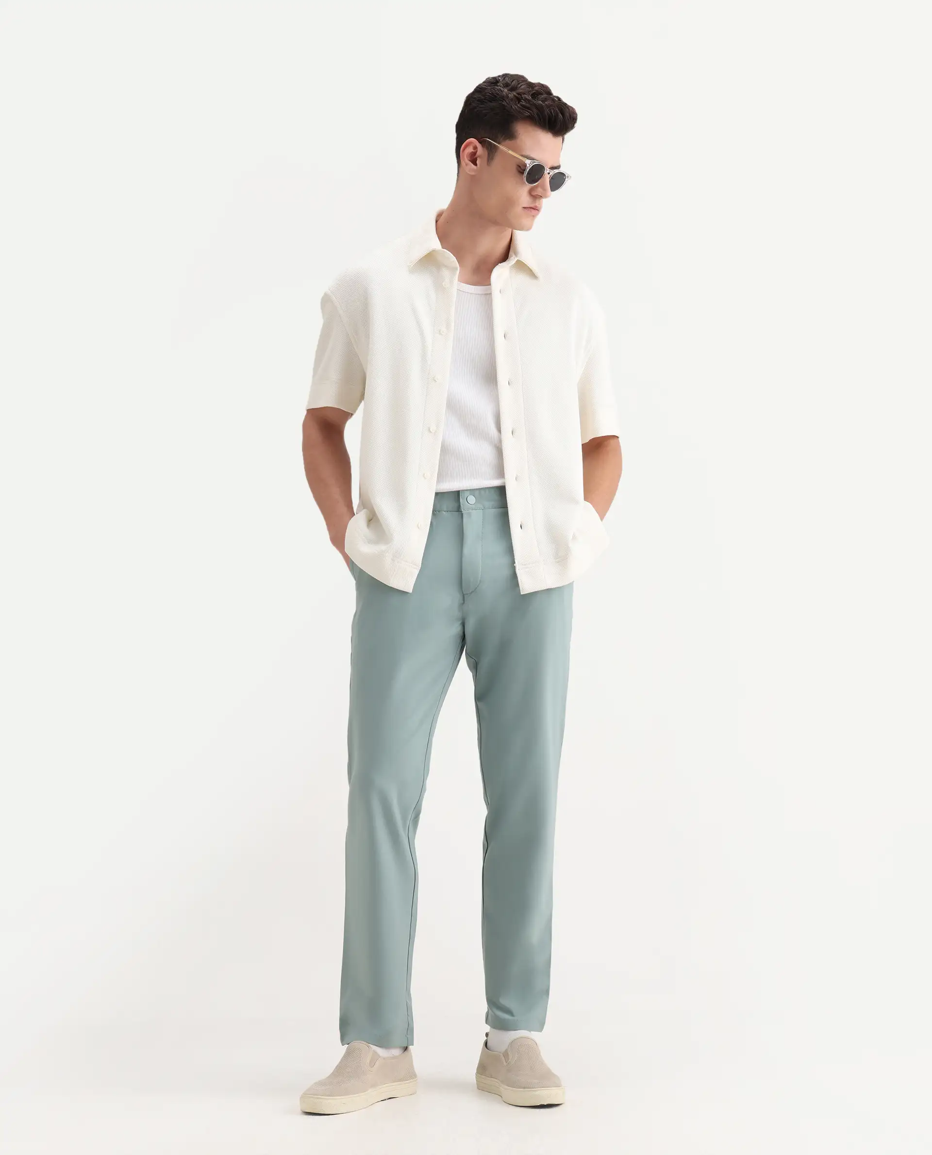Rare Rabbit Men's Driver-2 Pastel Green Polyester Blend Plain Regular Fit Trouser