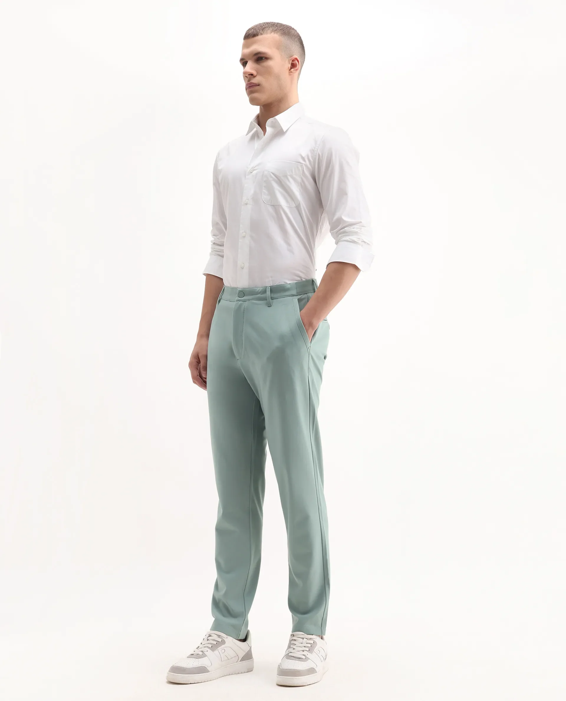 Rare Rabbit Men's Driver-Aw25 Pastel Green Polyester Blend Plain Regular Fit Trouser - Image 4