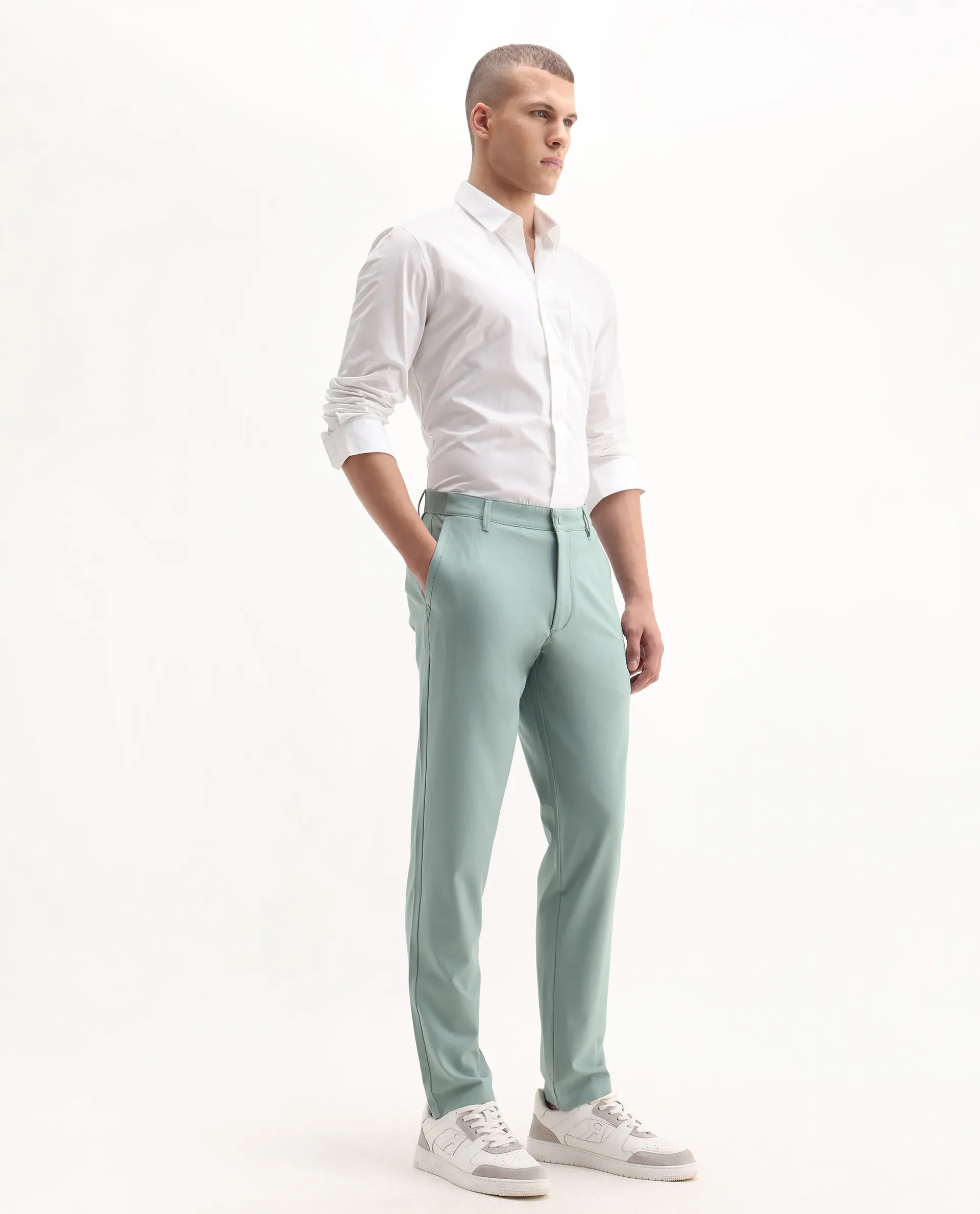 Rare Rabbit Men's Driver-Aw25 Pastel Green Polyester Blend Plain Regular Fit Trouser - Image 5