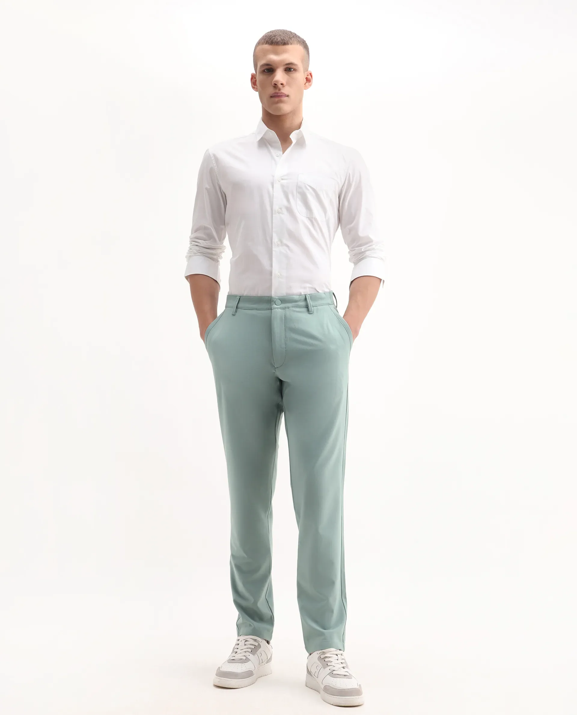 Rare Rabbit Men's Driver-Aw25 Pastel Green Polyester Blend Plain Regular Fit Trouser - Image 7