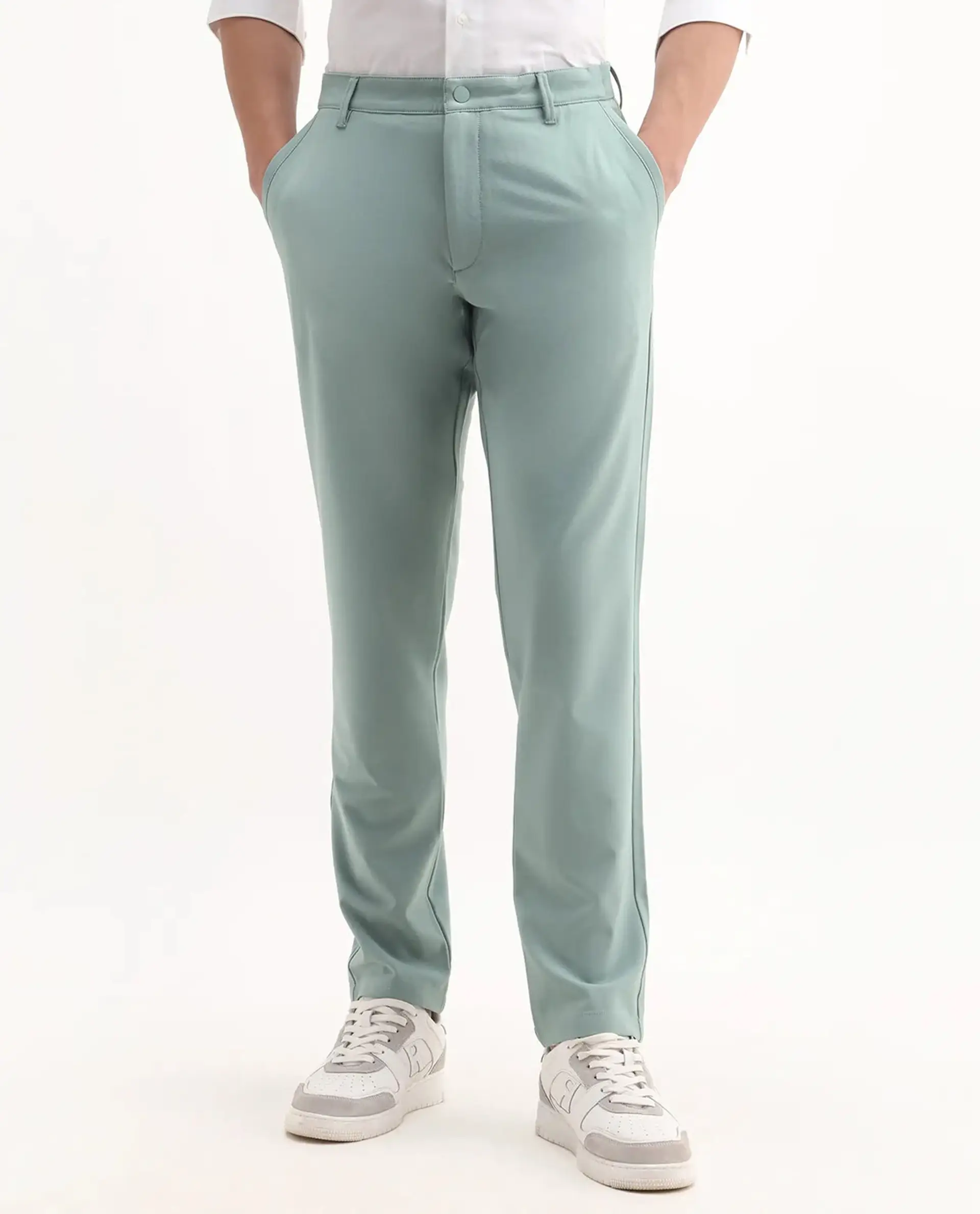 Rare Rabbit Men's Driver-Aw25 Pastel Green Polyester Blend Plain Regular Fit Trouser - Image 9