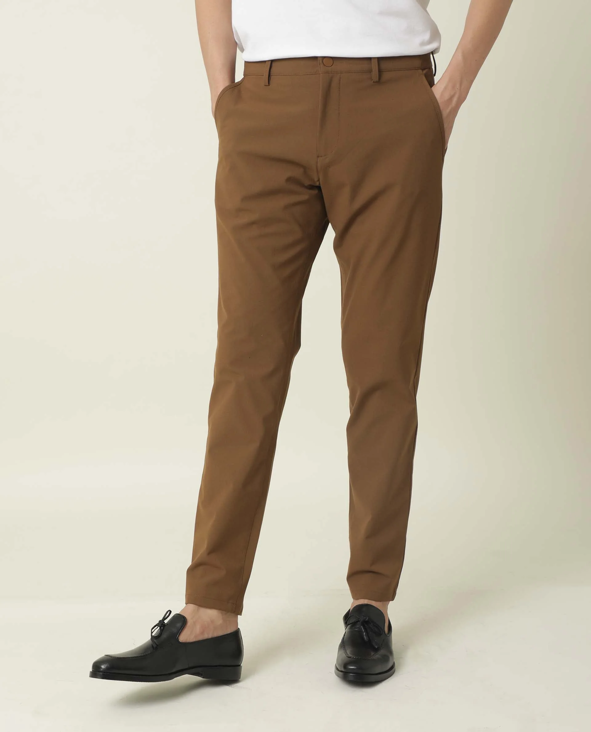 Rare Rabbit Men's Driver Brown Plain Regular Fit Trouser