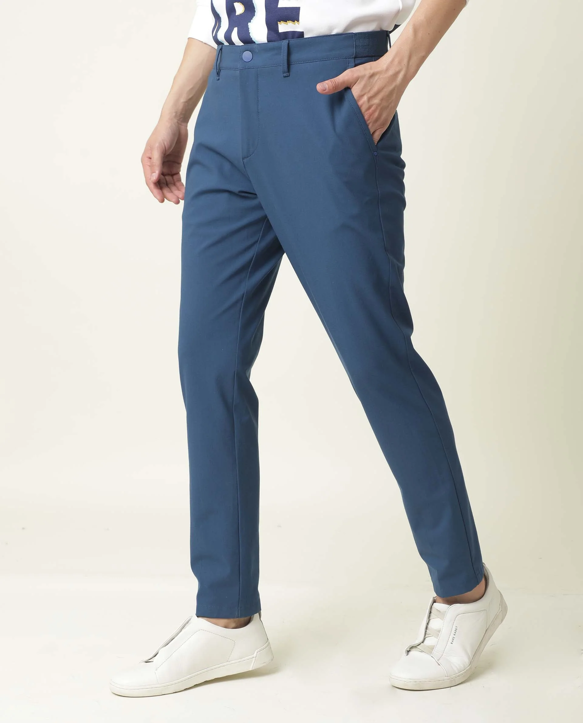 Rare Rabbit Men's Driver Blue Cotton Blend Plain Regular Fit Trouser