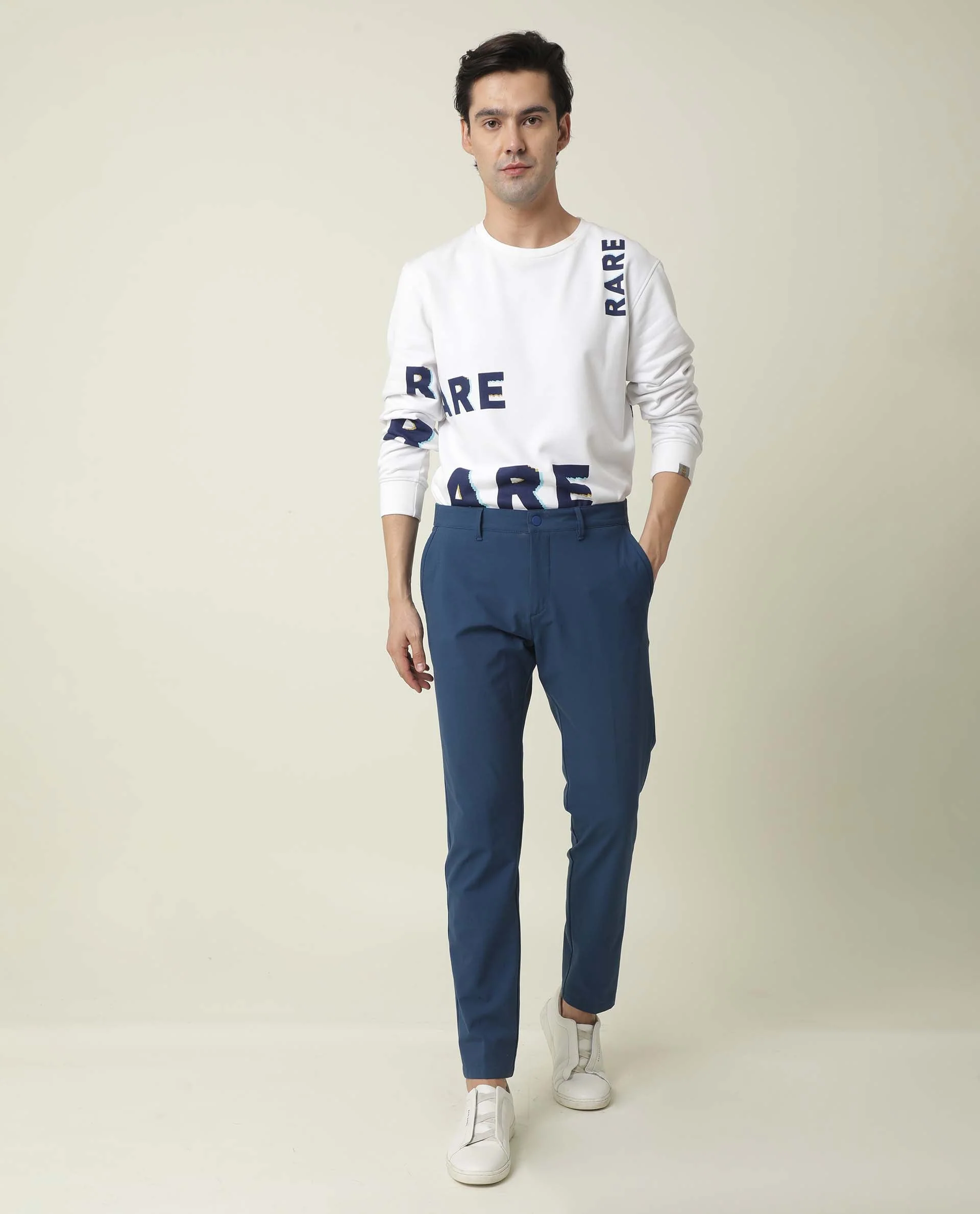 Rare Rabbit Men's Driver Blue Cotton Blend Plain Regular Fit Trouser - Image 2