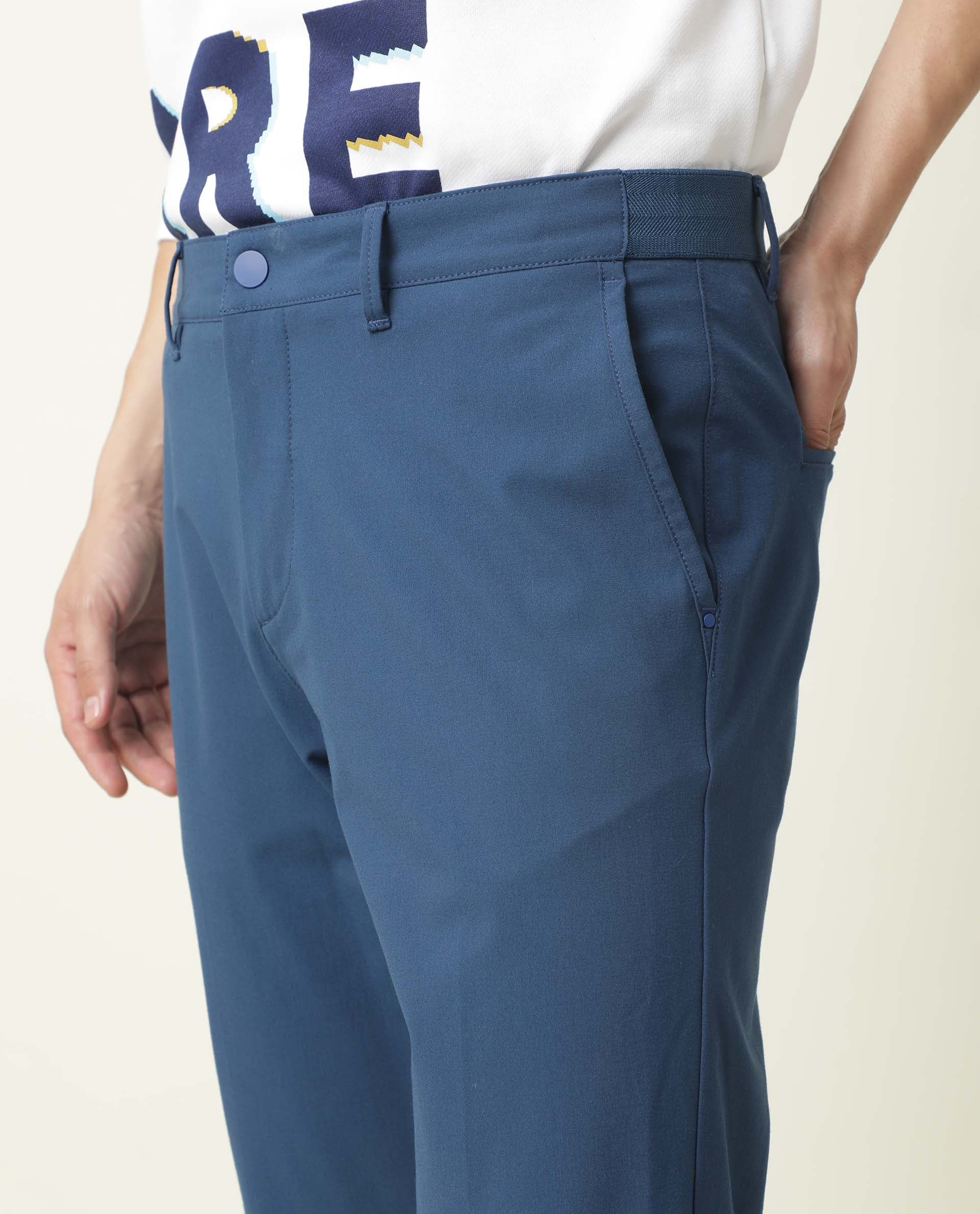 Rare Rabbit Men's Driver Blue Cotton Blend Plain Regular Fit Trouser - Image 3