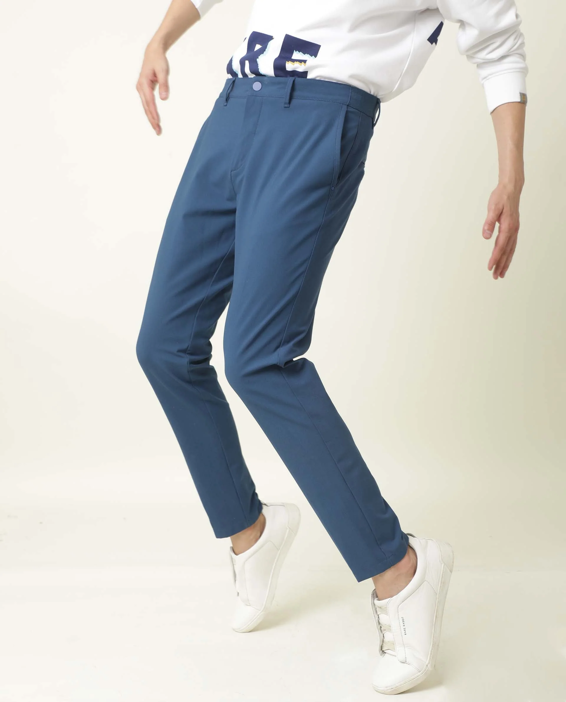 Rare Rabbit Men's Driver Blue Cotton Blend Plain Regular Fit Trouser - Image 4