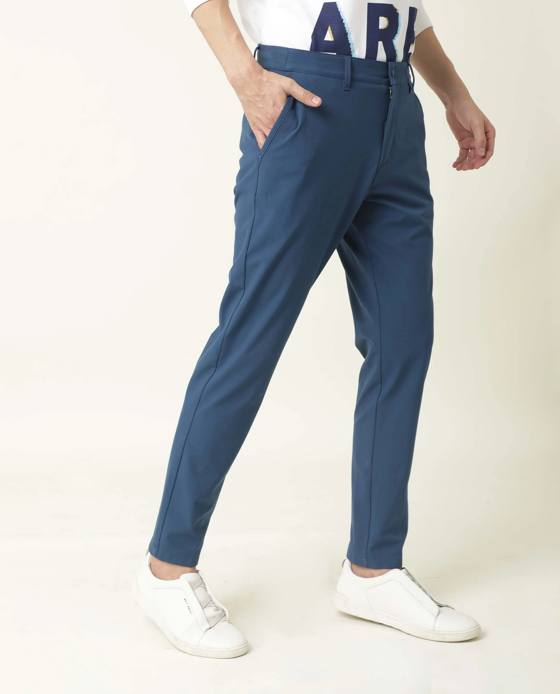 Rare Rabbit Men's Driver Blue Cotton Blend Plain Regular Fit Trouser - Image 5