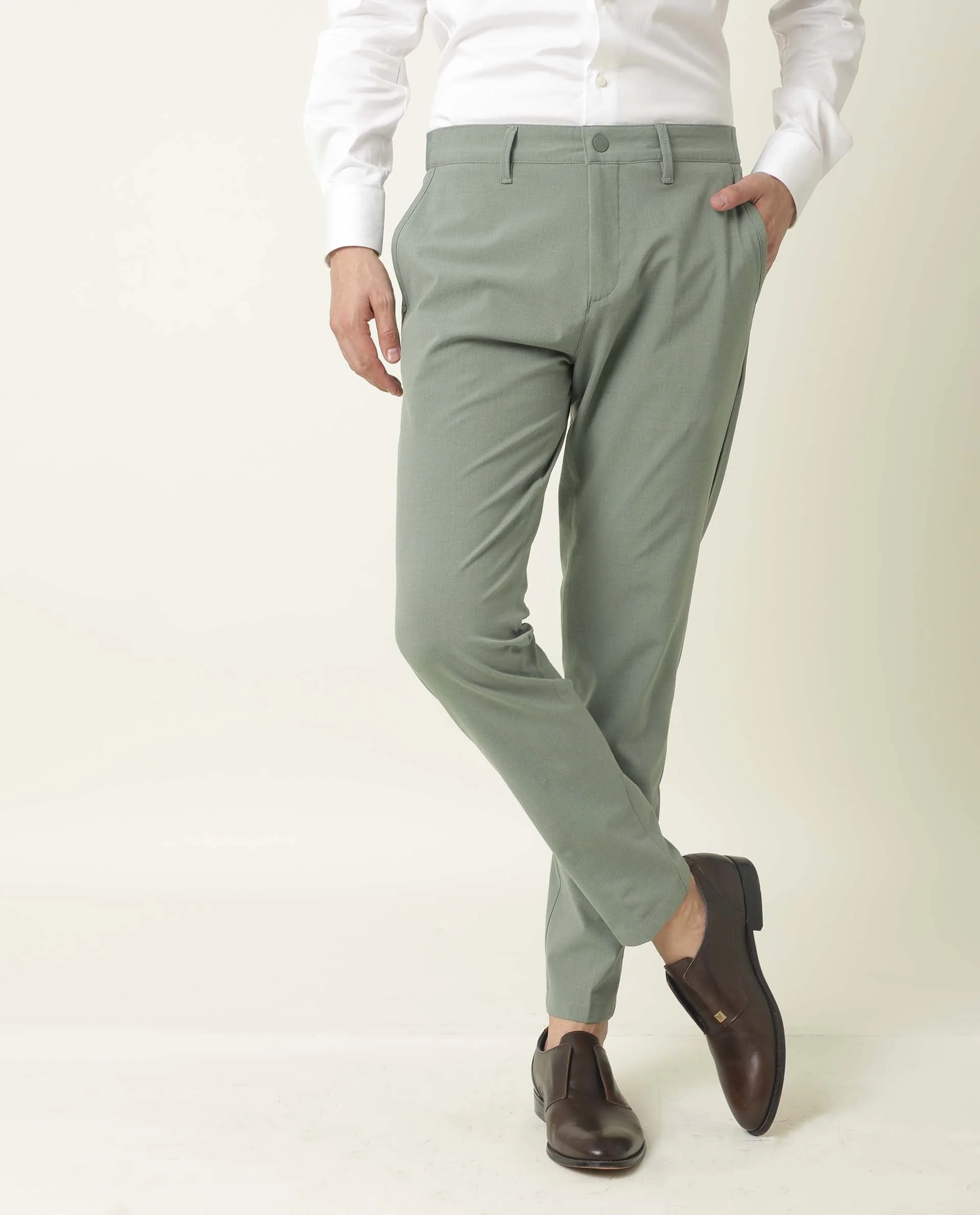Rare Rabbit Men's Driver Green Polyester Plain Regular Fit Trouser