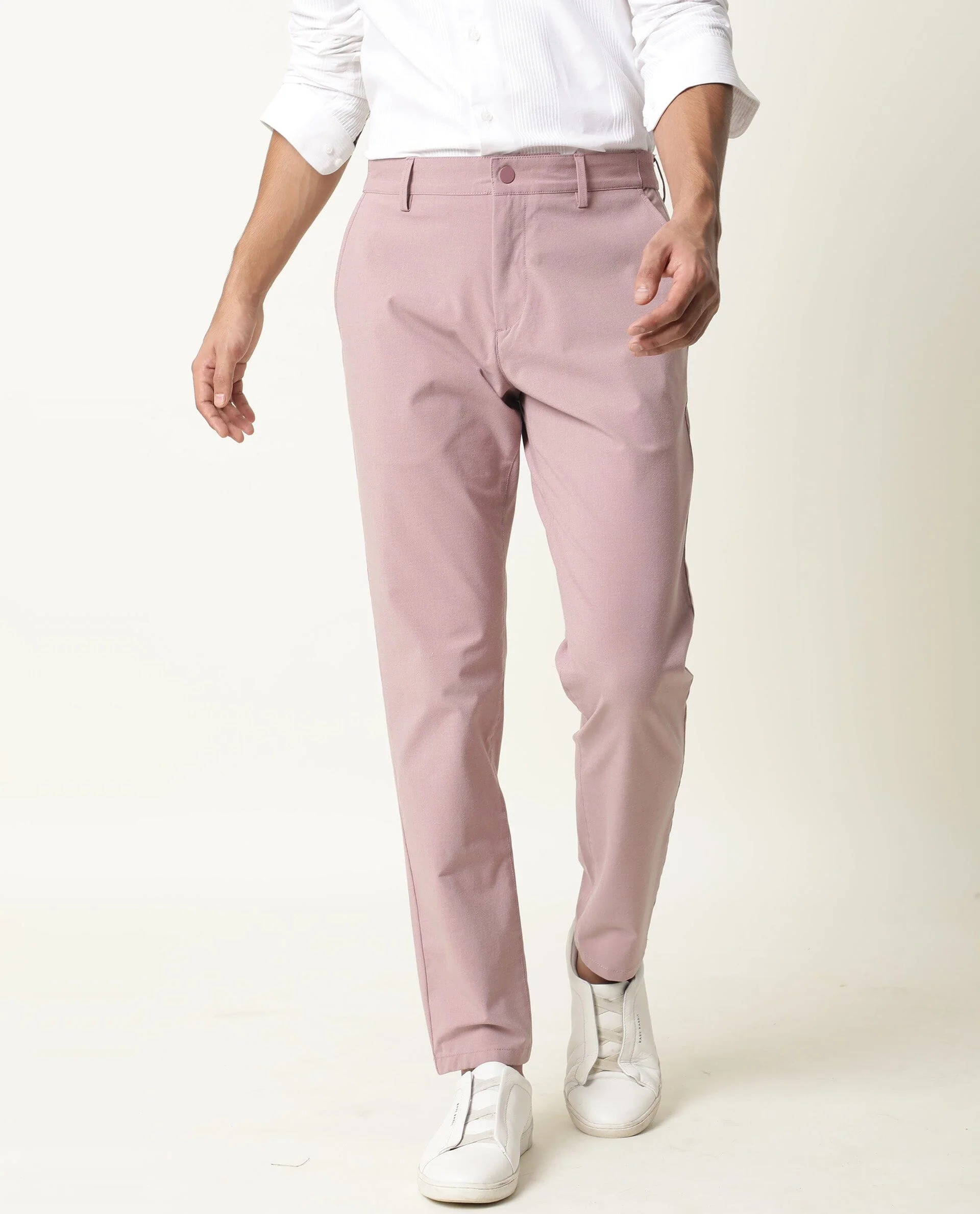 Rare Rabbit Men's Driver Pink Polyester Blend Plain Regular Fit Trouser