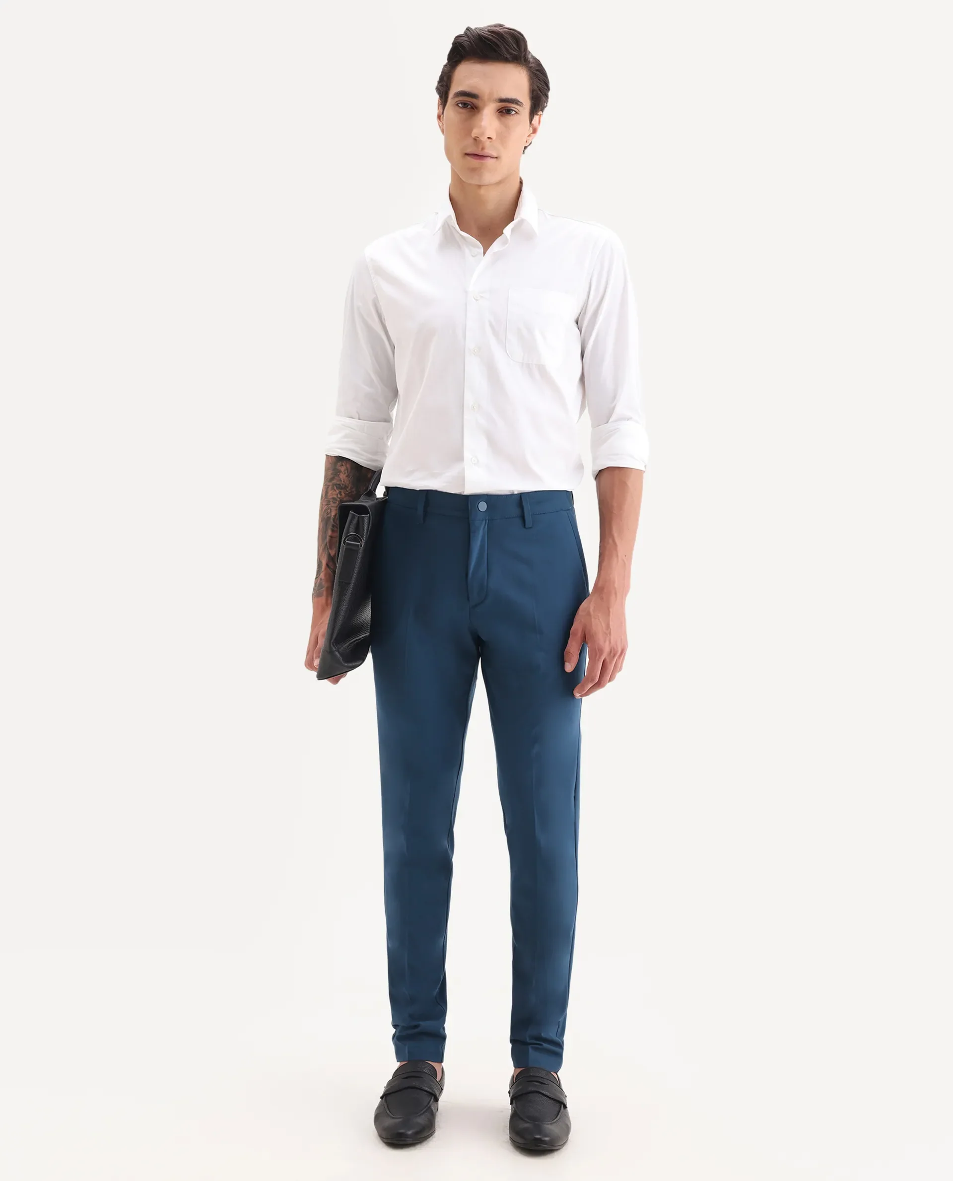 Rare Rabbit Men's Drivers Dark Blue Polyester Blend Plain Regular Fit Trouser