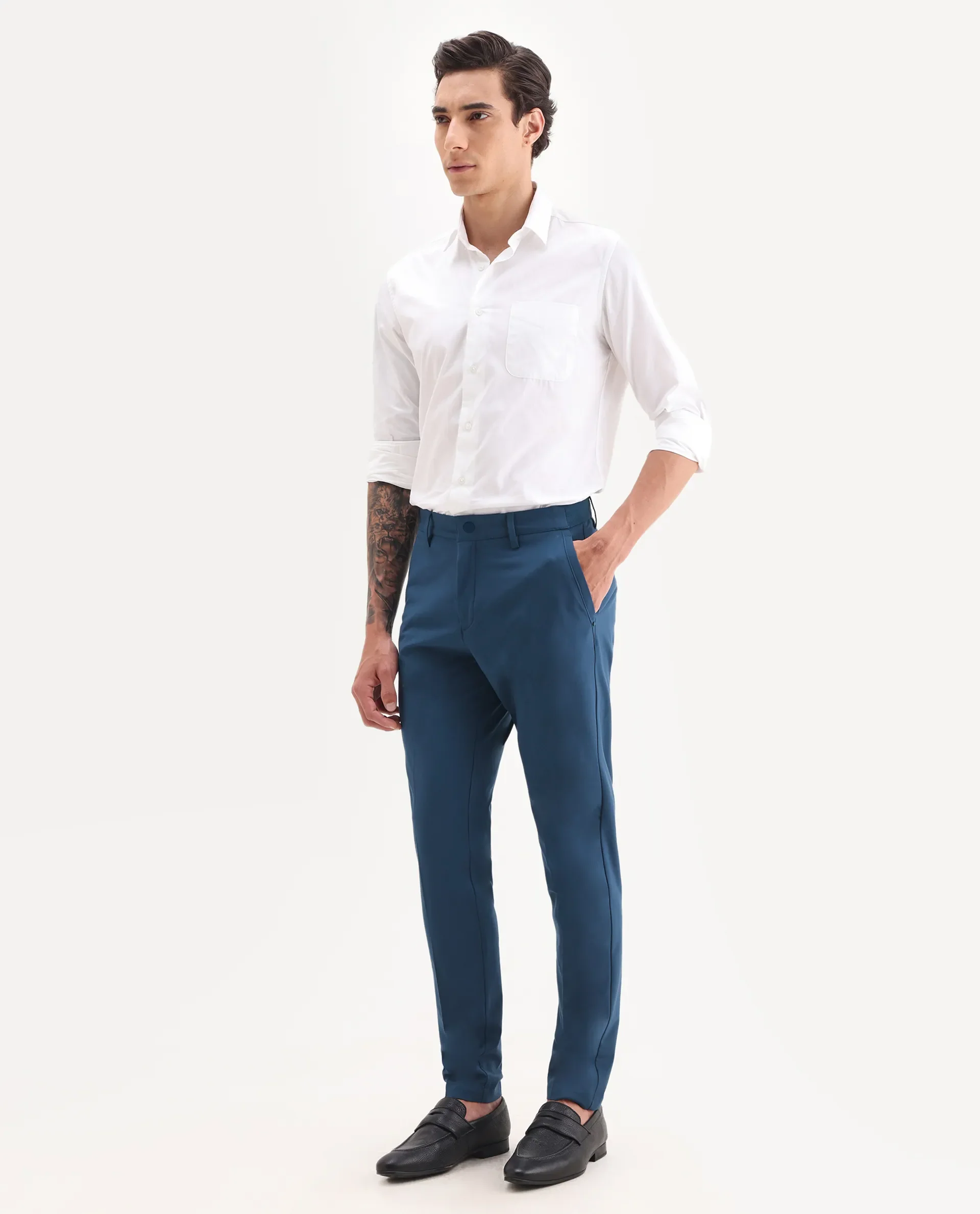 Rare Rabbit Men's Drivers Dark Blue Polyester Blend Plain Regular Fit Trouser - Image 4