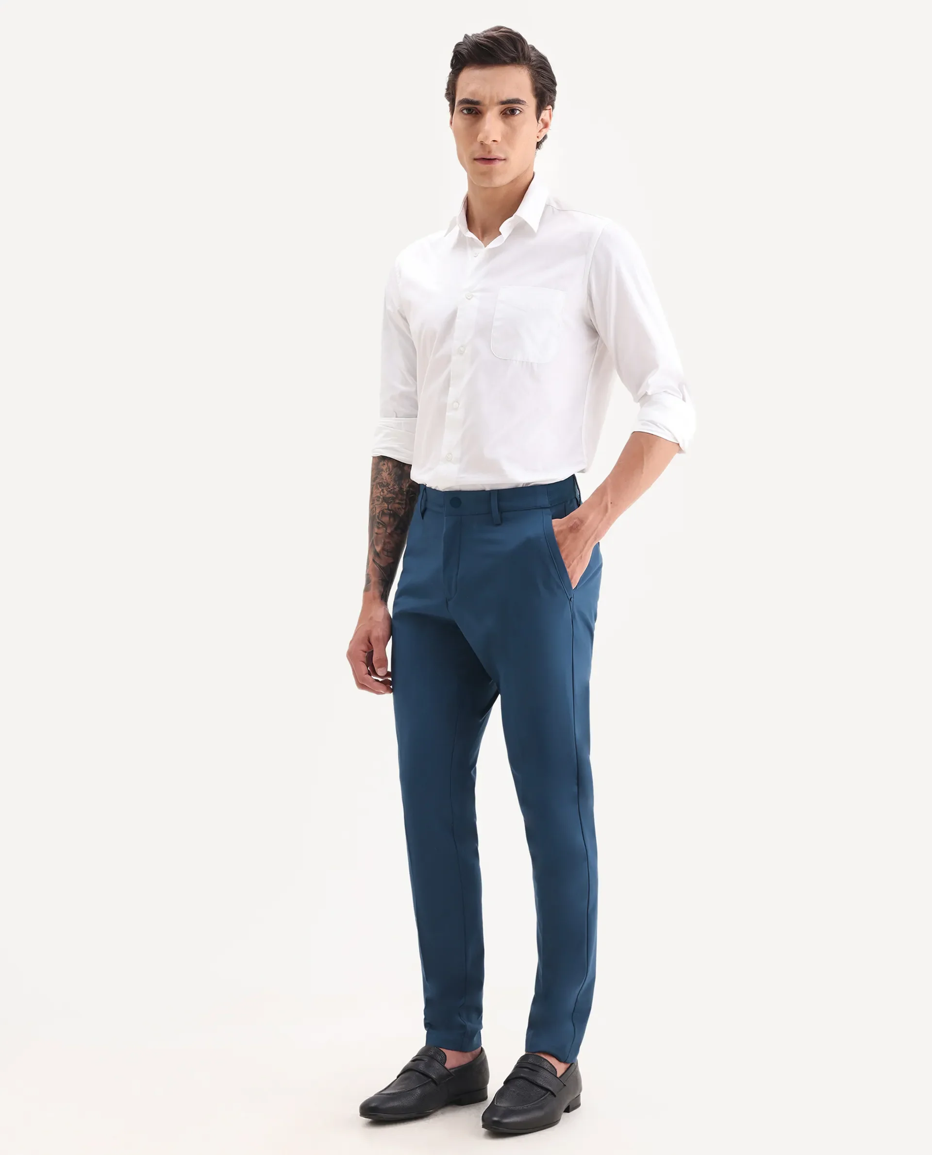 Rare Rabbit Men's Drivers Dark Blue Polyester Blend Plain Regular Fit Trouser - Image 5