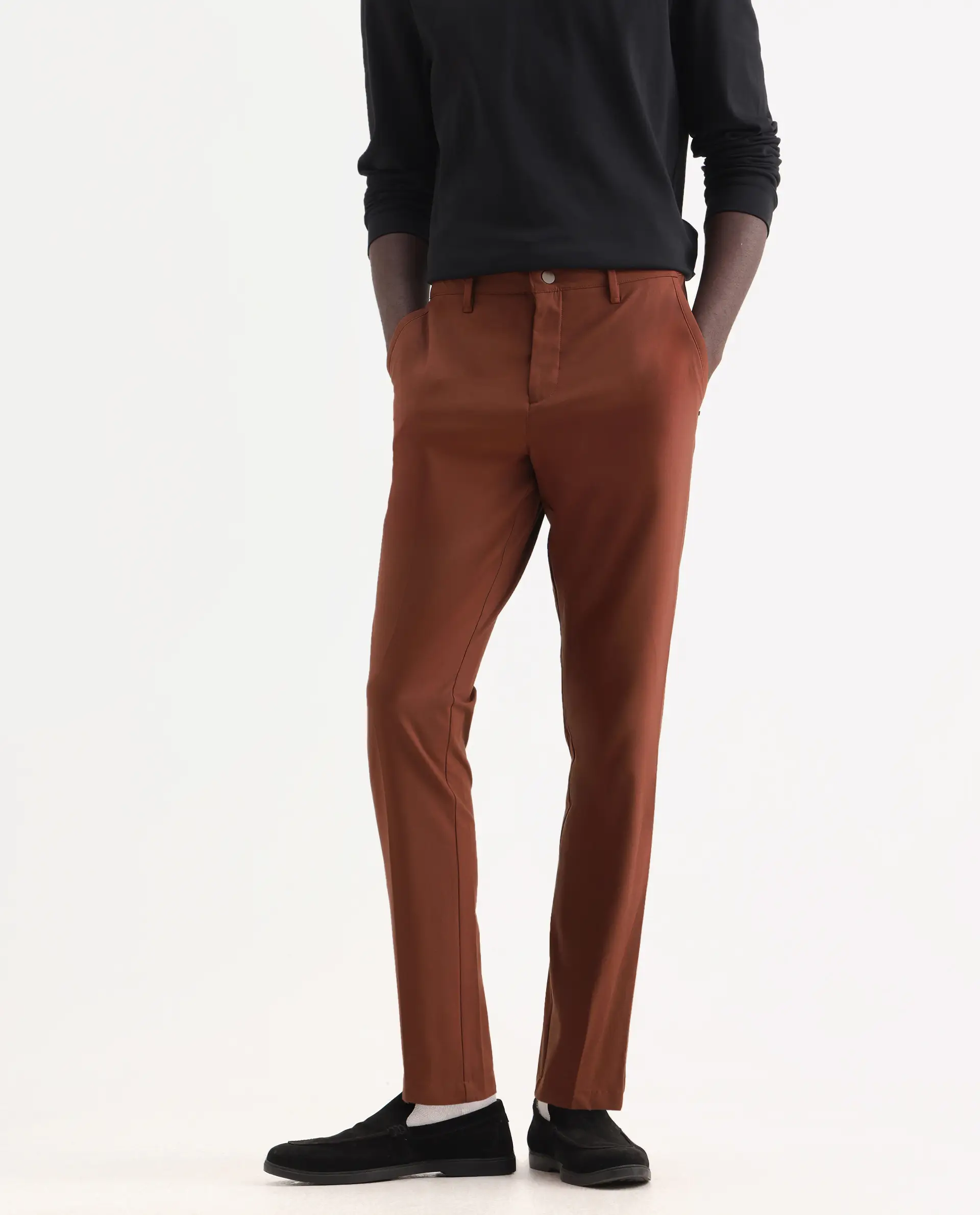 Rare Rabbit Men's Drivers Dark Rust Polyester Blend Plain Regular Fit Trouser - Image 2