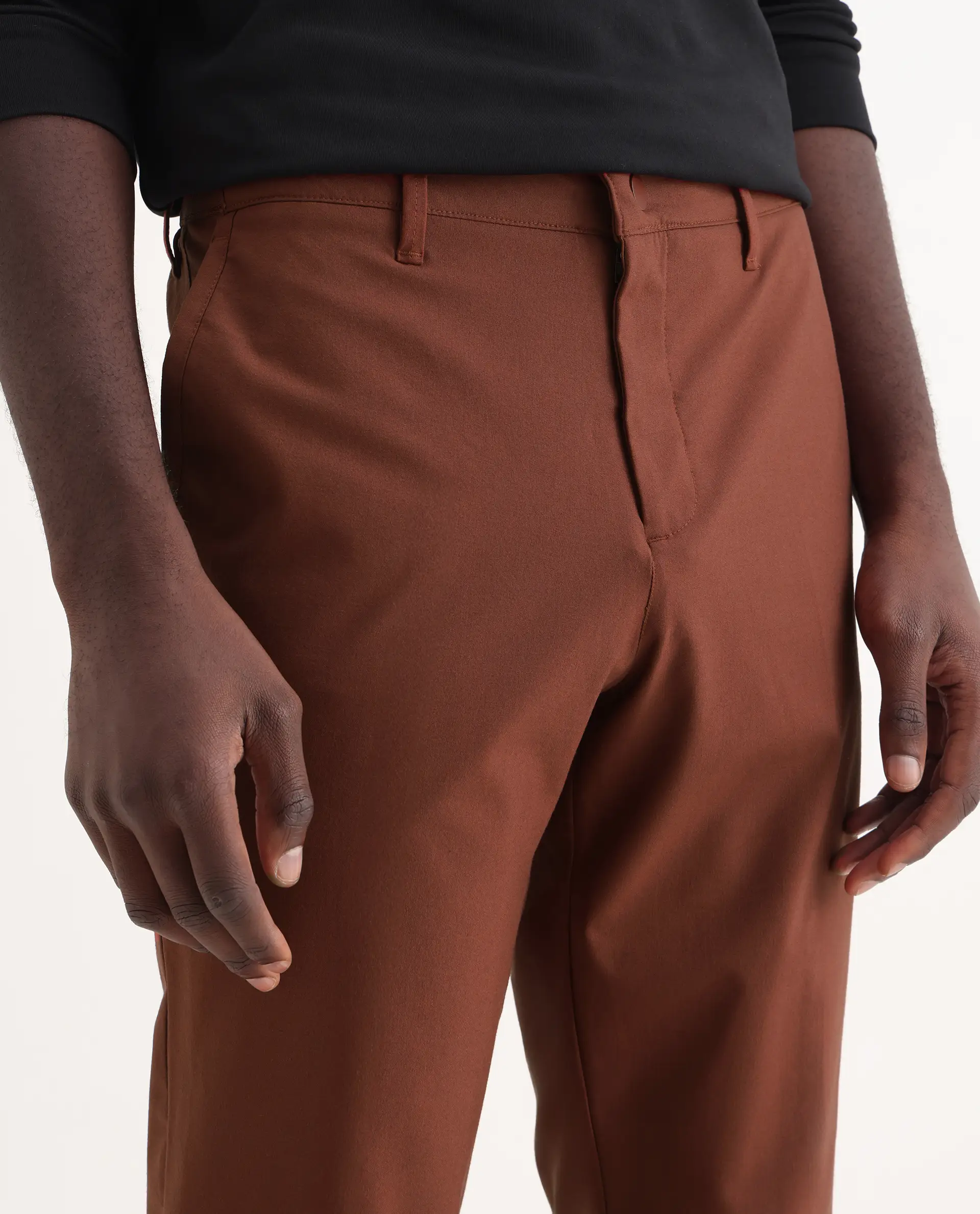 Rare Rabbit Men's Drivers Dark Rust Polyester Blend Plain Regular Fit Trouser - Image 6
