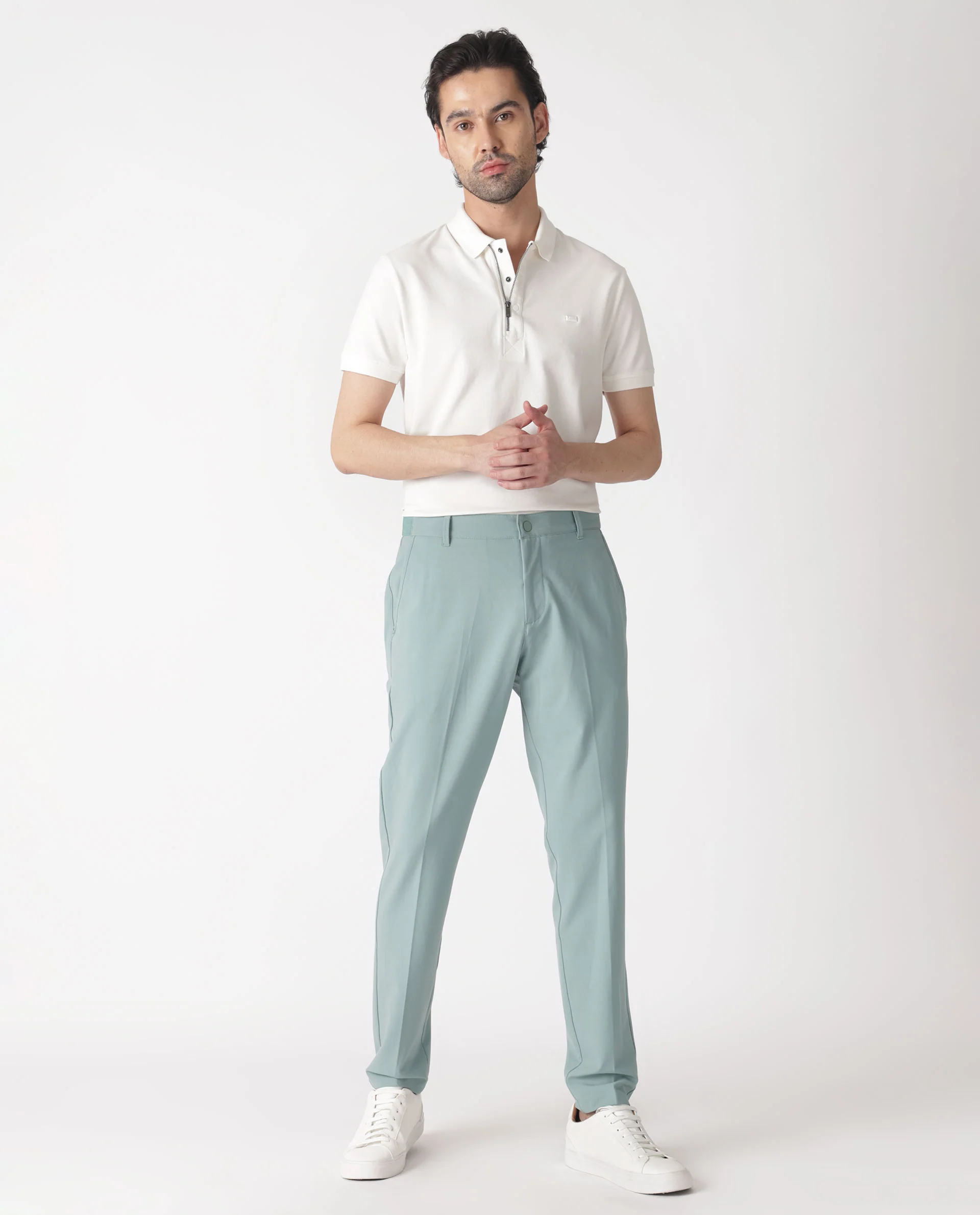 Rare Rabbit Men's Drivers Pastel Green Polyester Blend Plain Regular Fit Trouser - Image 13