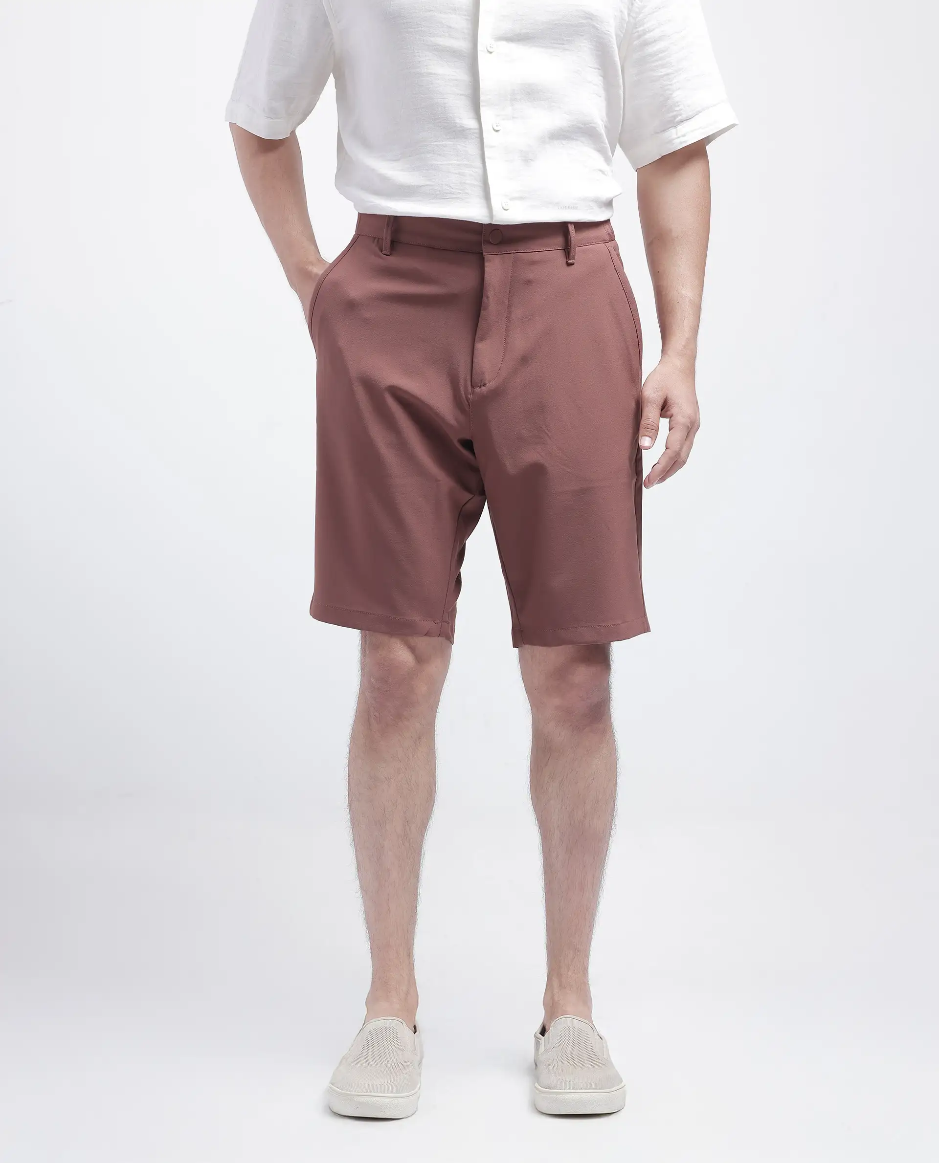 Rare Rabbit Men's Drivo Dusky Rust Polyester Blend Plain Regular Fit Shorts - Image 2