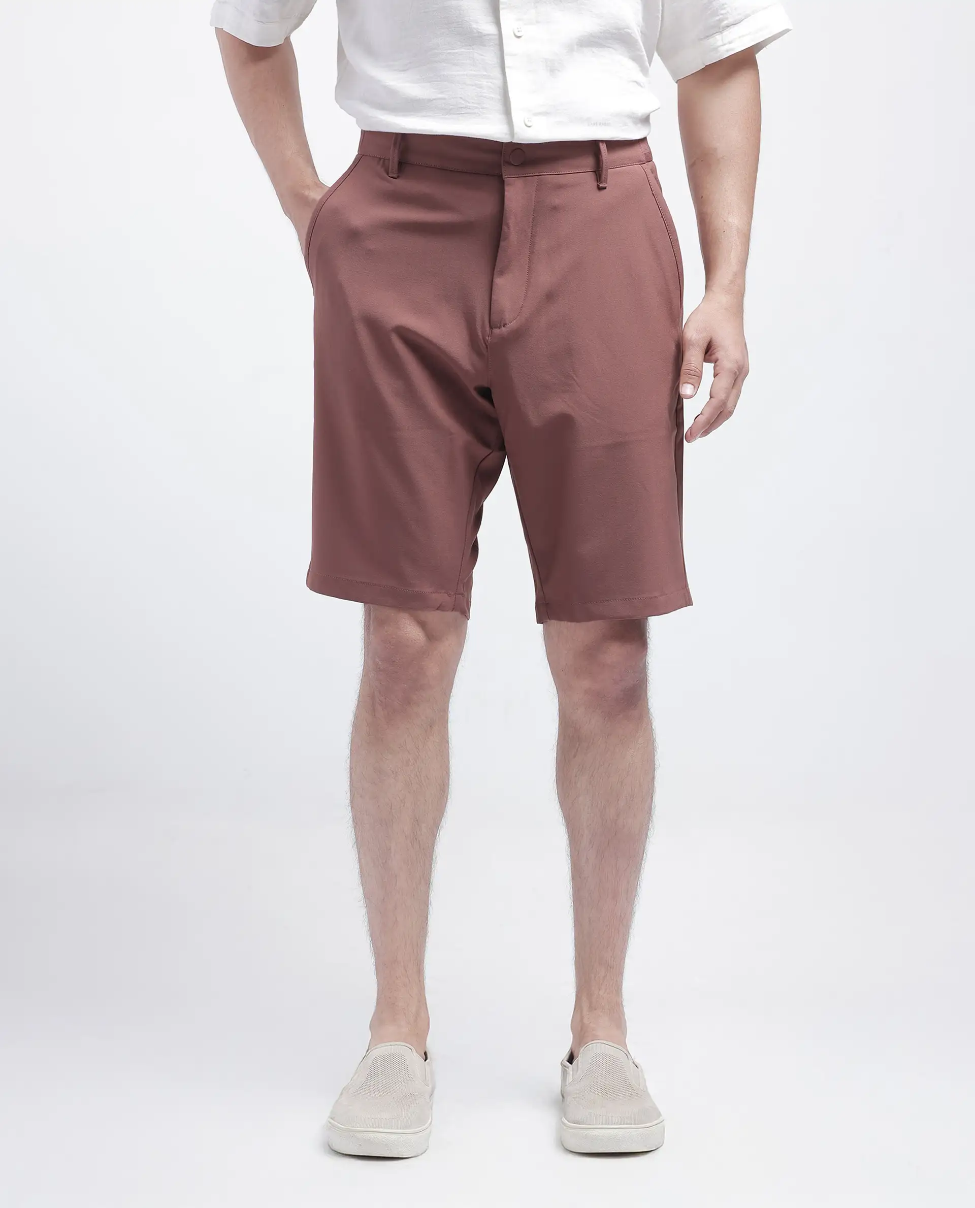 Rare Rabbit Men's Drivo Dusky Rust Polyester Blend Plain Regular Fit Shorts - Image 9
