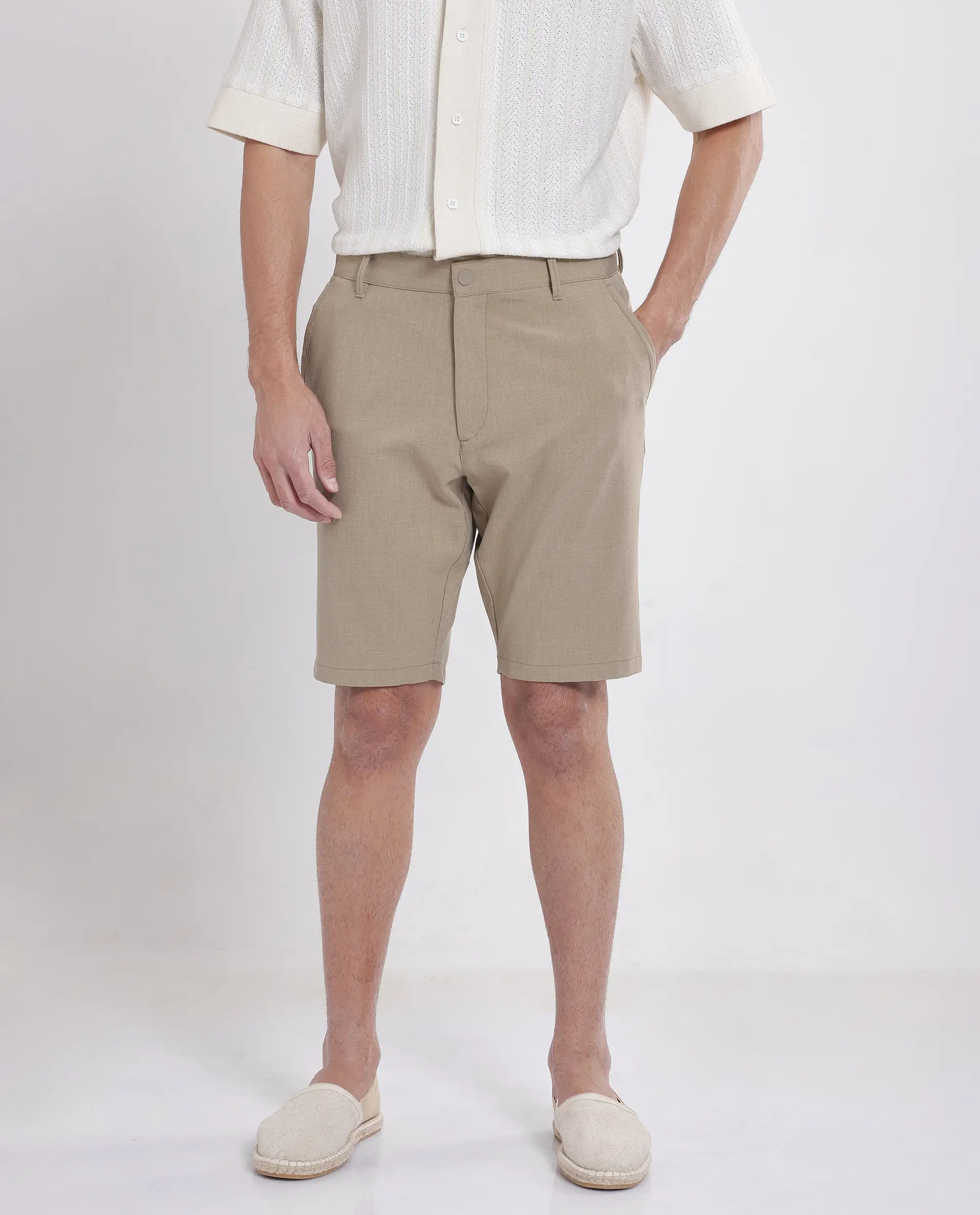 Rare Rabbit Men's Drivo Khaki Polyester Blend Plain Regular Fit Shorts - Image 2