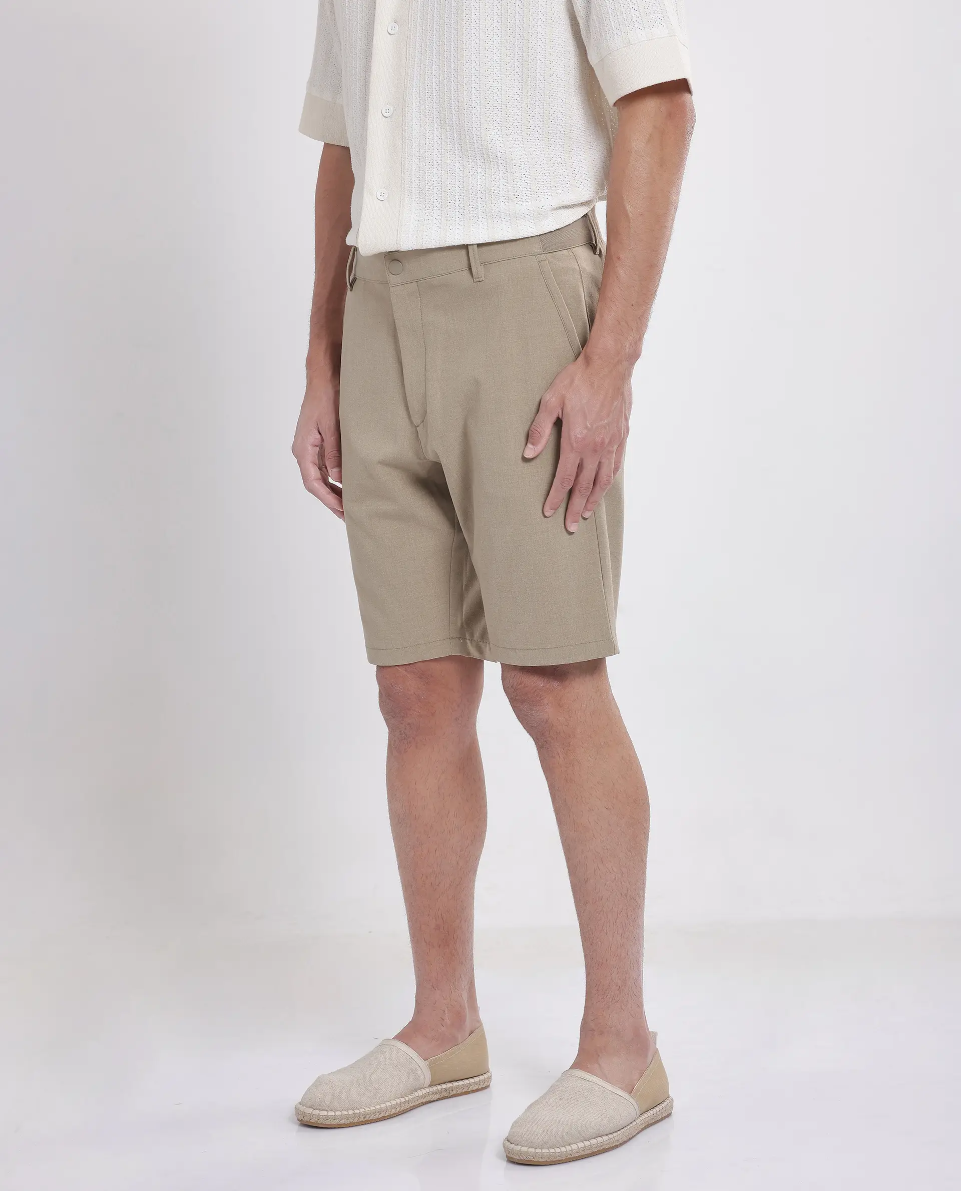 Rare Rabbit Men's Drivo Khaki Polyester Blend Plain Regular Fit Shorts - Image 5