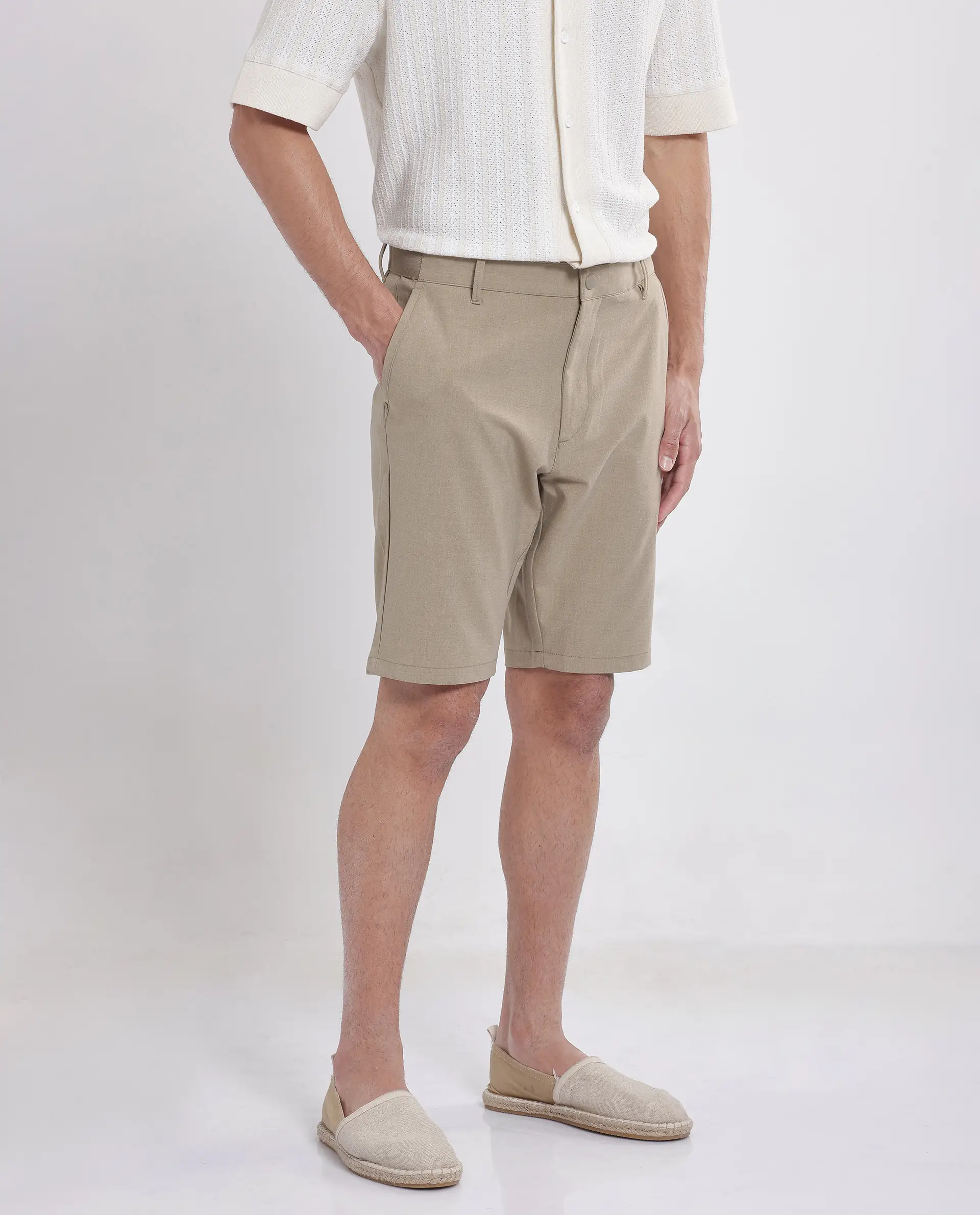 Rare Rabbit Men's Drivo Khaki Polyester Blend Plain Regular Fit Shorts - Image 6
