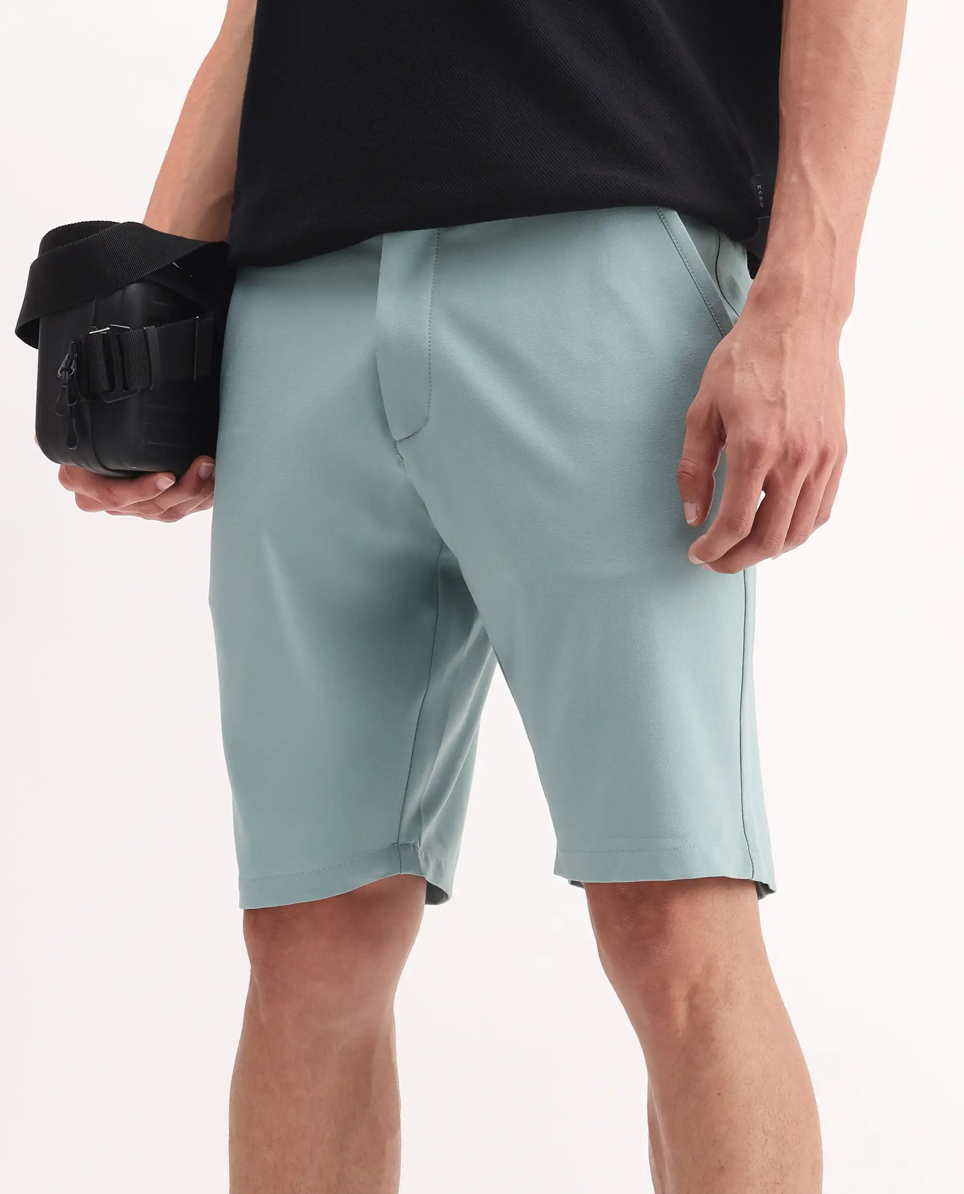 Rare Rabbit Men's Drivo Pastel Green Polyester Blend Plain Regular Fit Shorts - Image 2