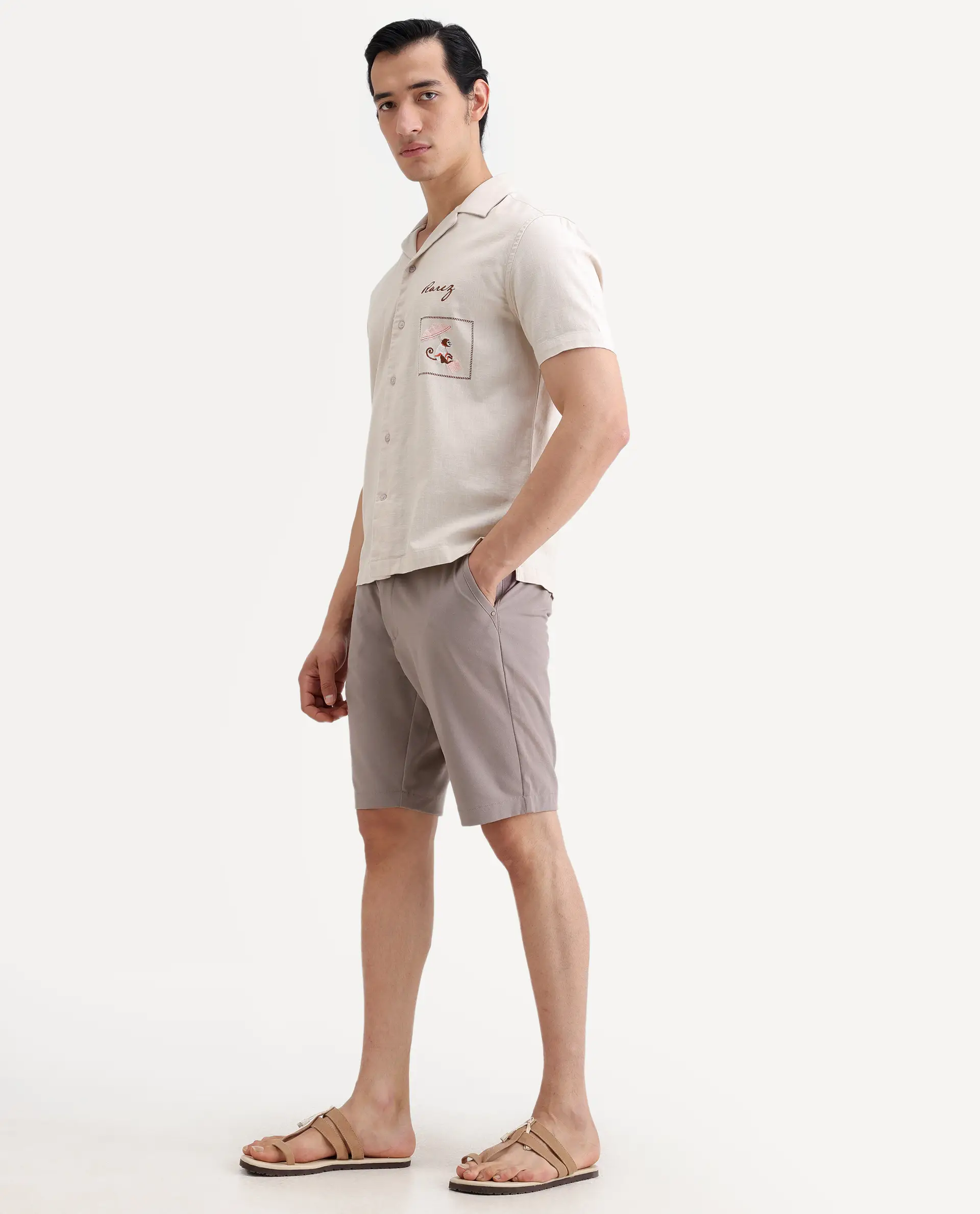 Rare Rabbit Men's Drivo-Ss26 Dusky Peach Polyester Blend Fabric Regular Fit Plain Shorts - Image 5