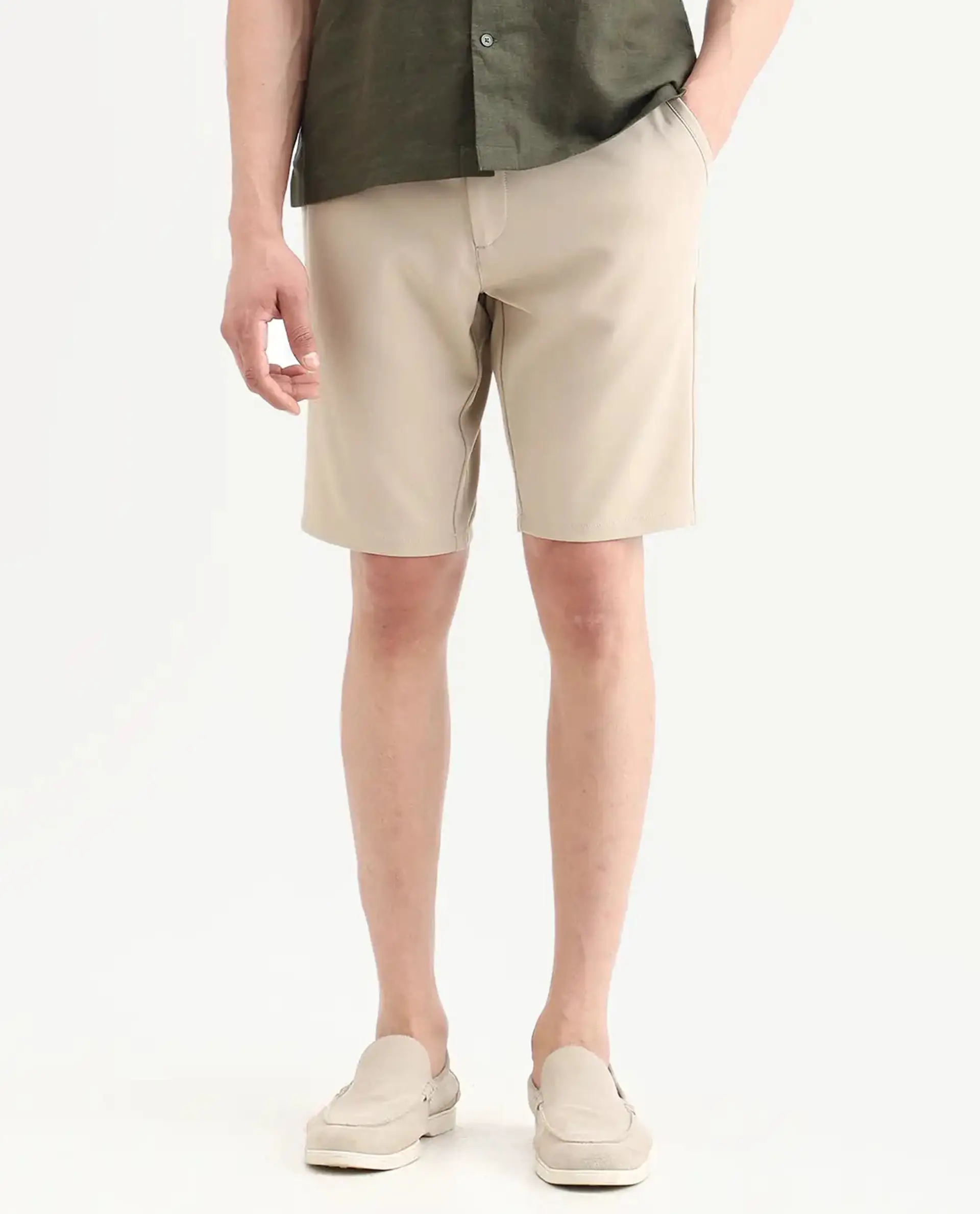 Rare Rabbit Men's Drivo-Ss26 Light Khaki Polyester Blend Fabric Regular Fit Plain Shorts - Image 10