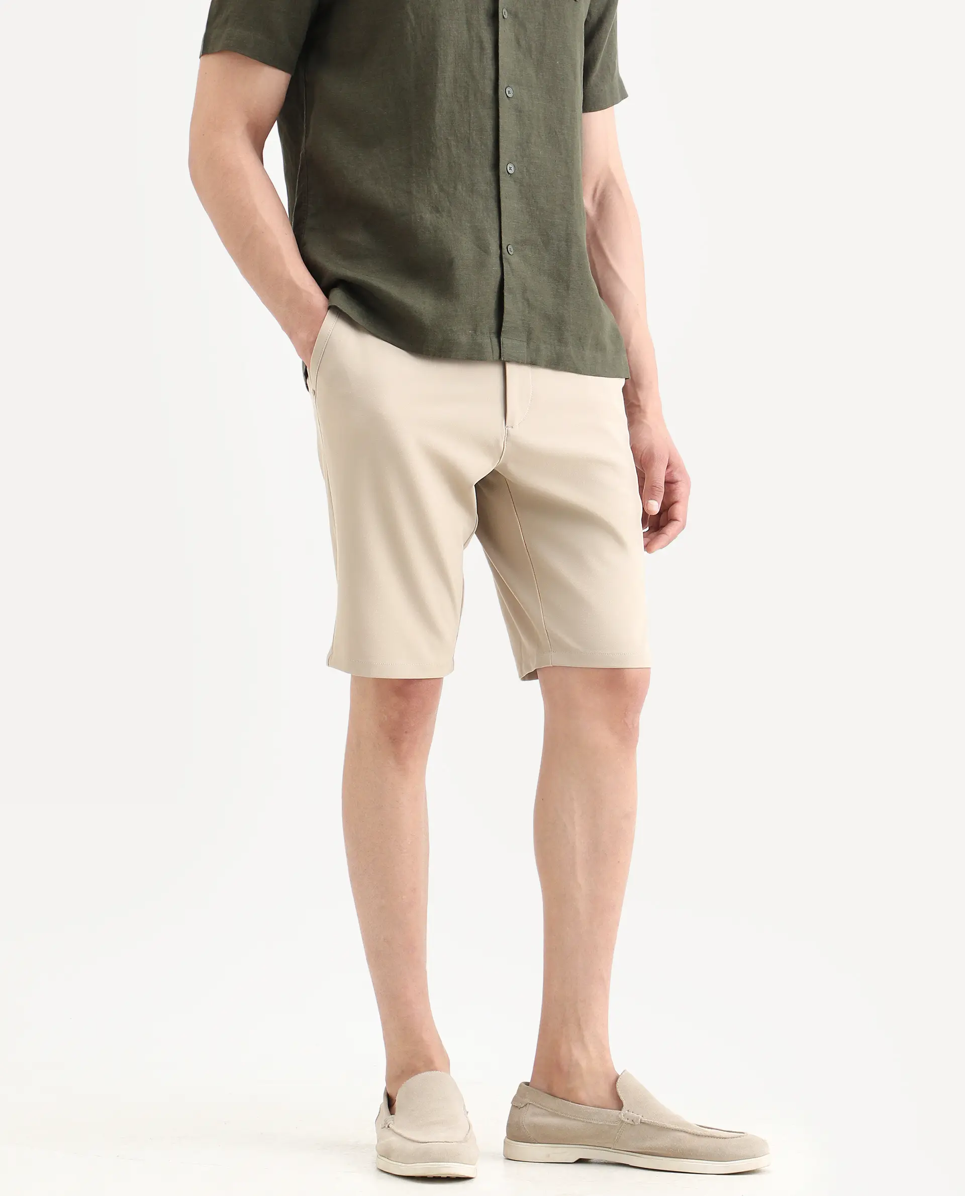 Rare Rabbit Men's Drivo-Ss26 Light Khaki Polyester Blend Fabric Regular Fit Plain Shorts - Image 2