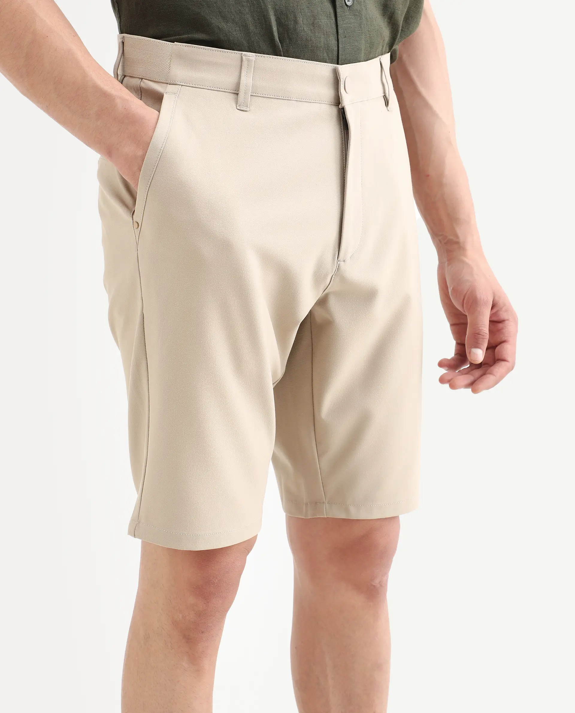 Rare Rabbit Men's Drivo-Ss26 Light Khaki Polyester Blend Fabric Regular Fit Plain Shorts - Image 3