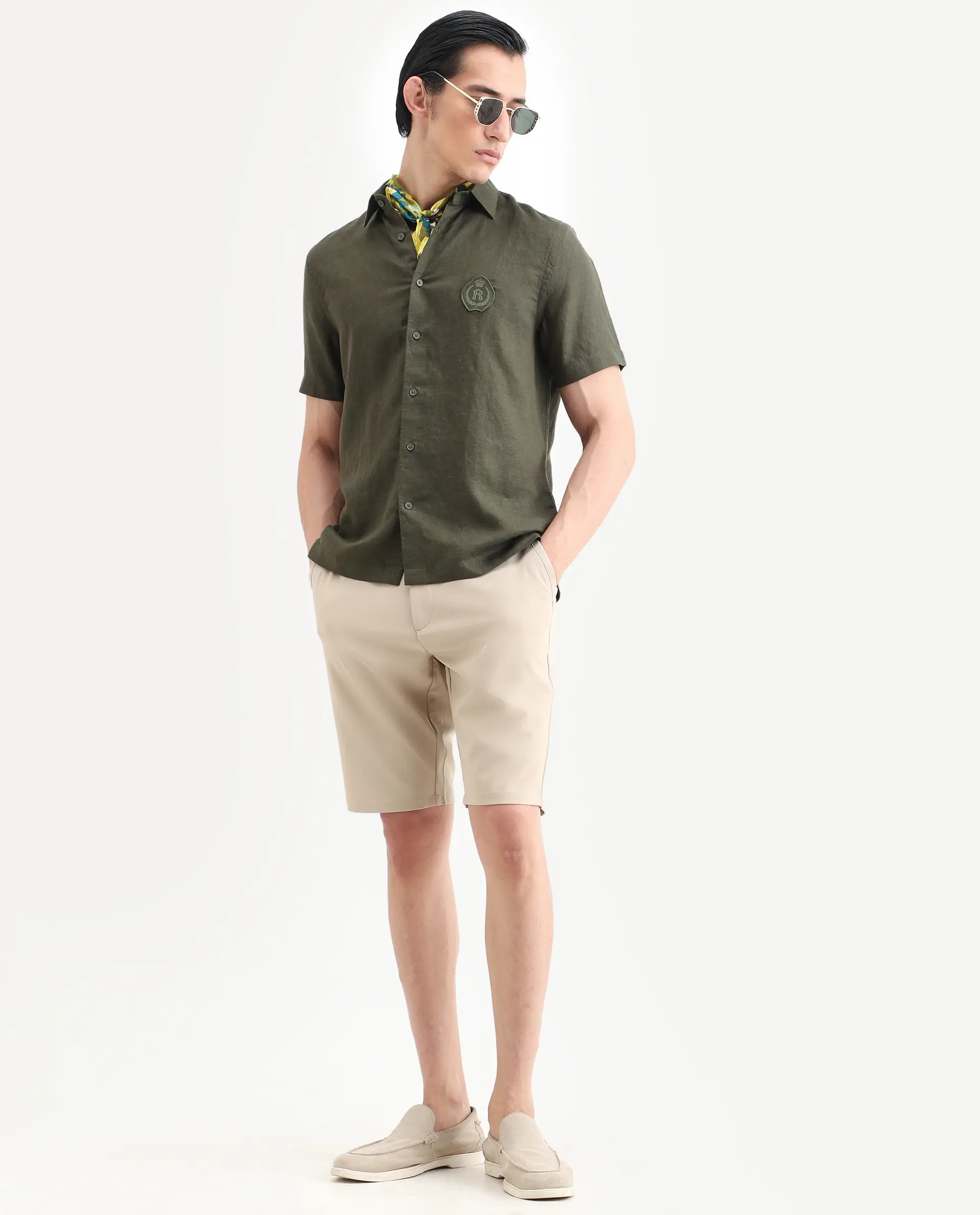 Rare Rabbit Men's Drivo-Ss26 Light Khaki Polyester Blend Fabric Regular Fit Plain Shorts - Image 4